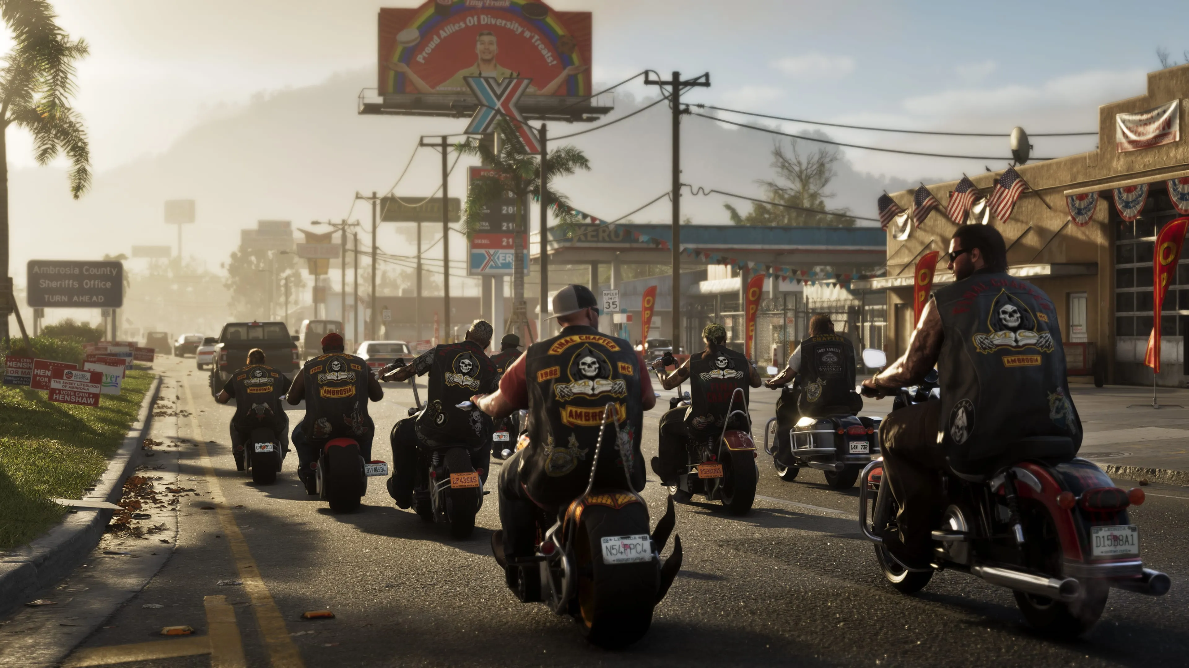 GTA 6 a biker club riding through Ambrosia at first light