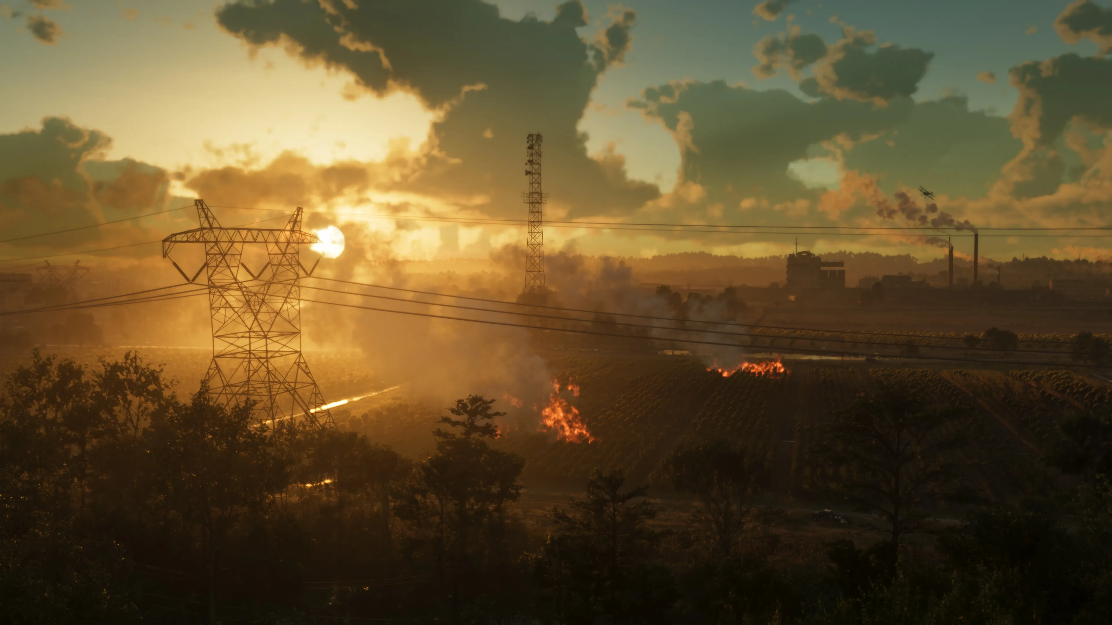 GTA 6 a field fire at sunset over Ambrosia farmland