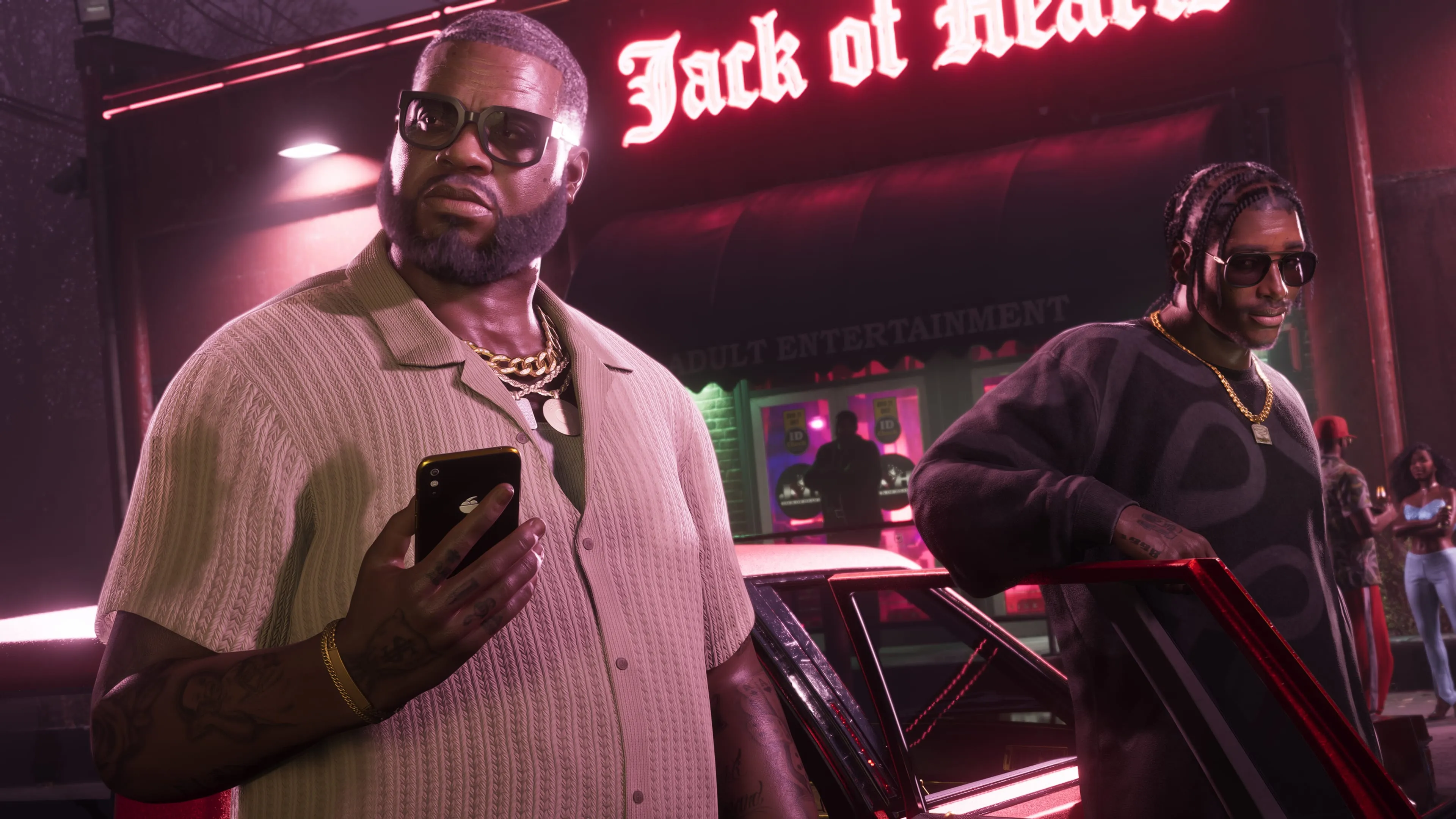 GTA 6 Boobie Ike out front of his Jack of Hearts club at night