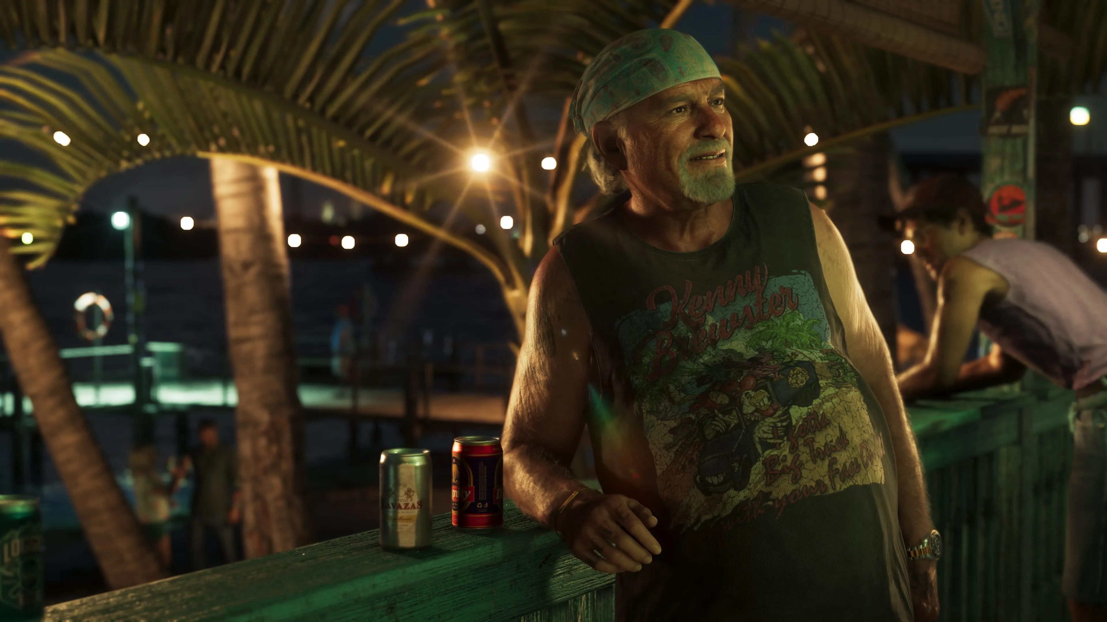 GTA 6 Brian Heder at a string-lit tiki beach bar after dark