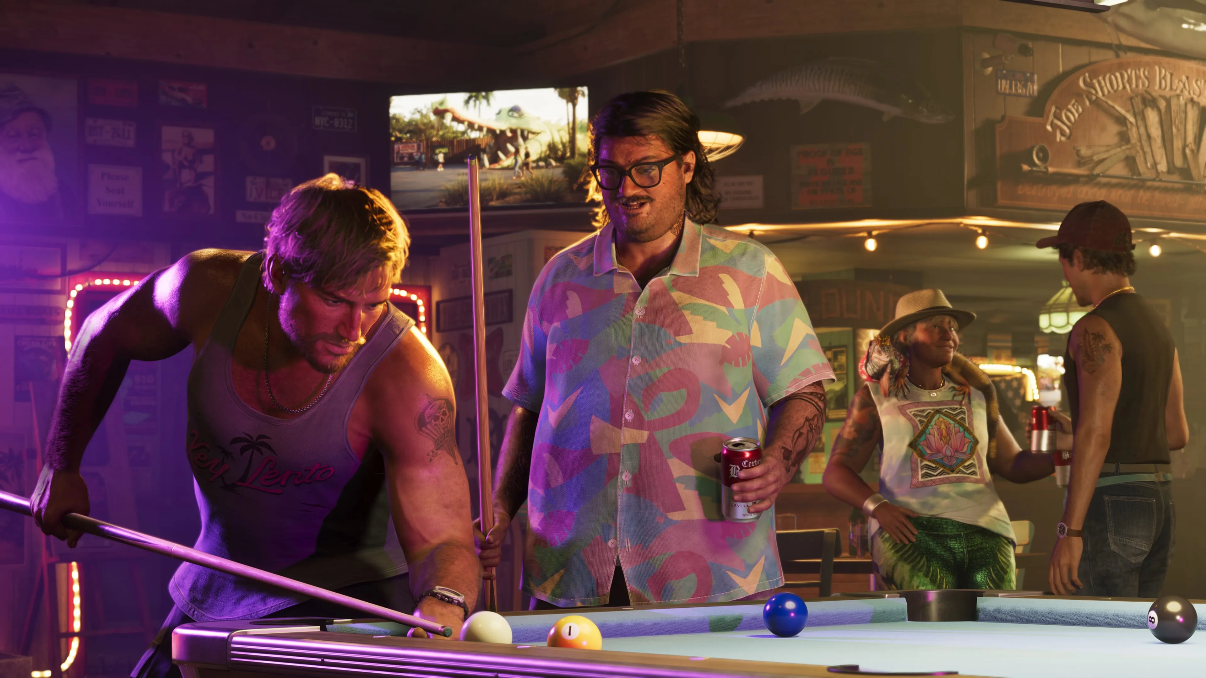 GTA 6 a round of pool in a neon-lit dive bar