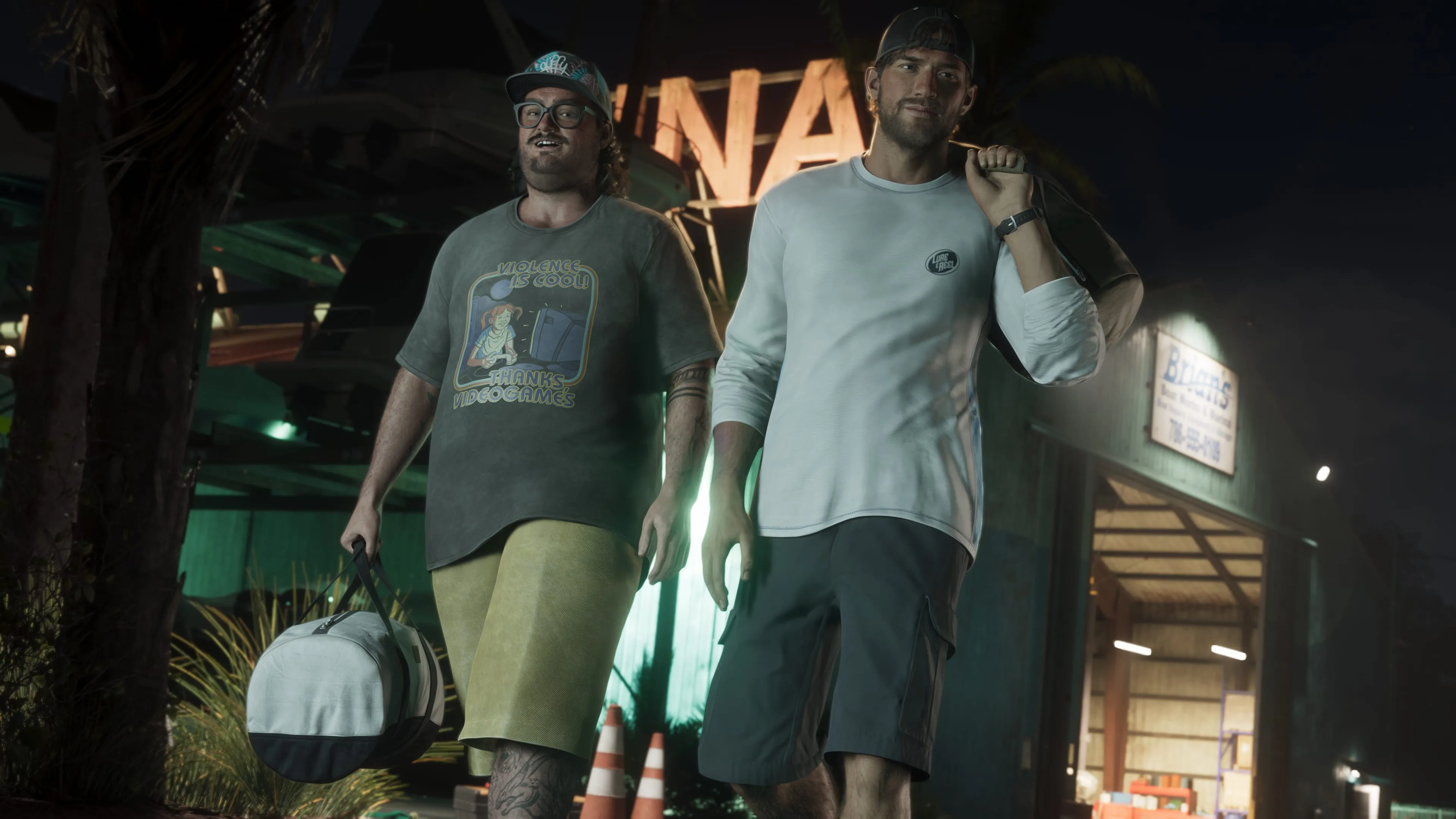 GTA 6 two men strolling past a marina at night