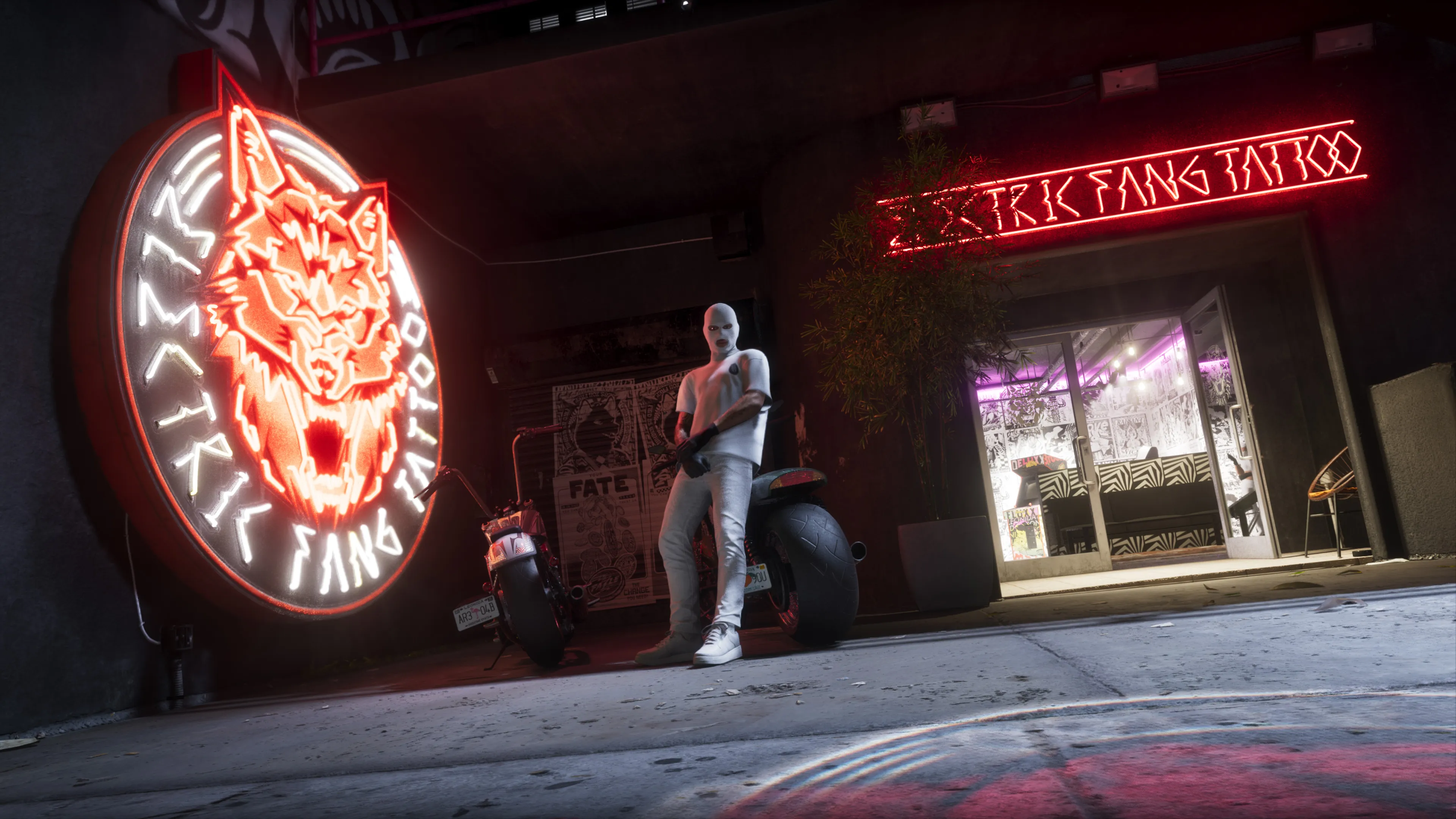 GTA 6 the Electric Fang Tattoo parlour at night with a red neon wolf logo