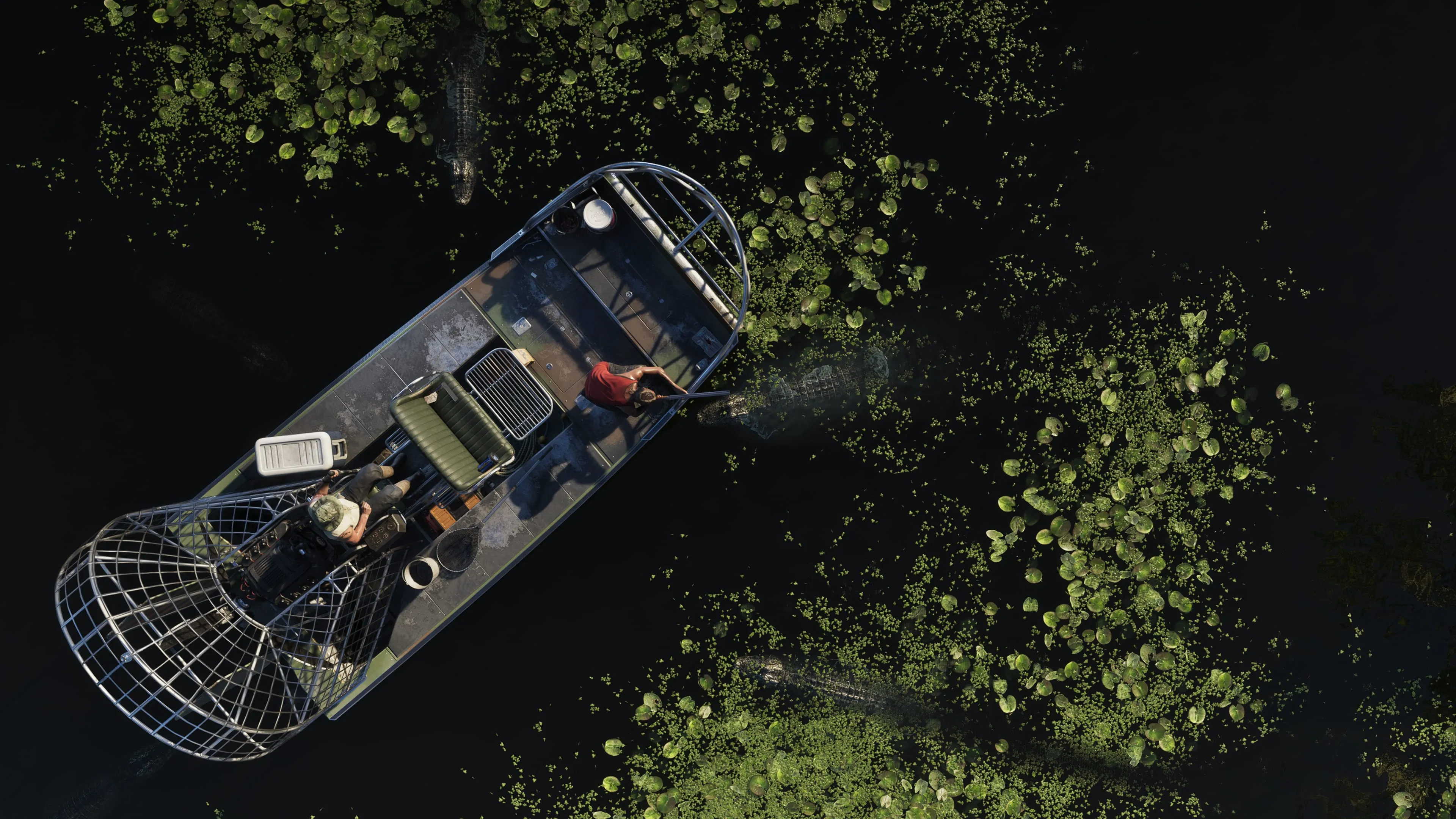 GTA 6 an overhead view of an airboat in the Grassrivers swamp