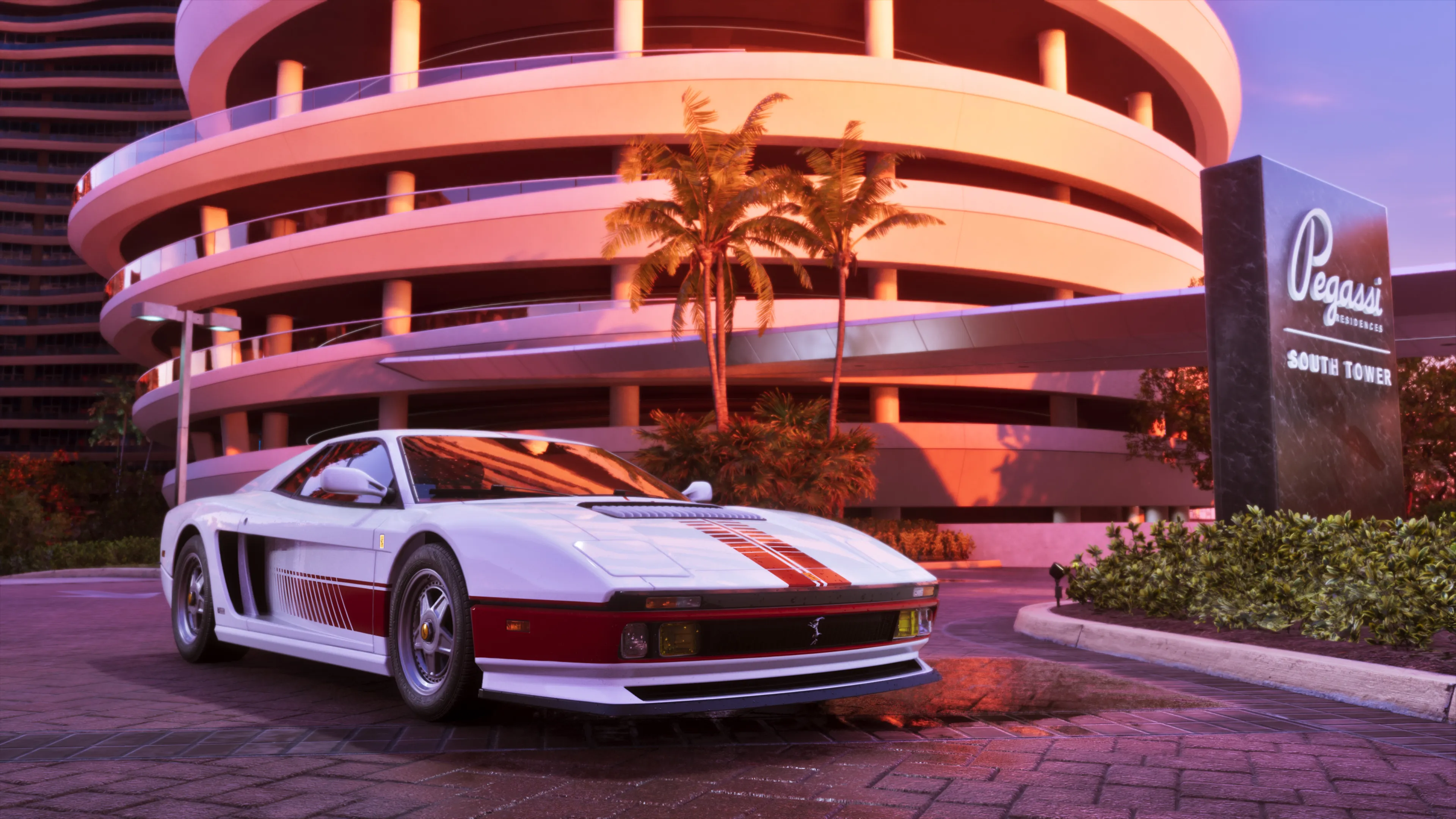 GTA 6 white Grotti Cheetah Classic with red stripes parked outside the Pegassi tower at sunset