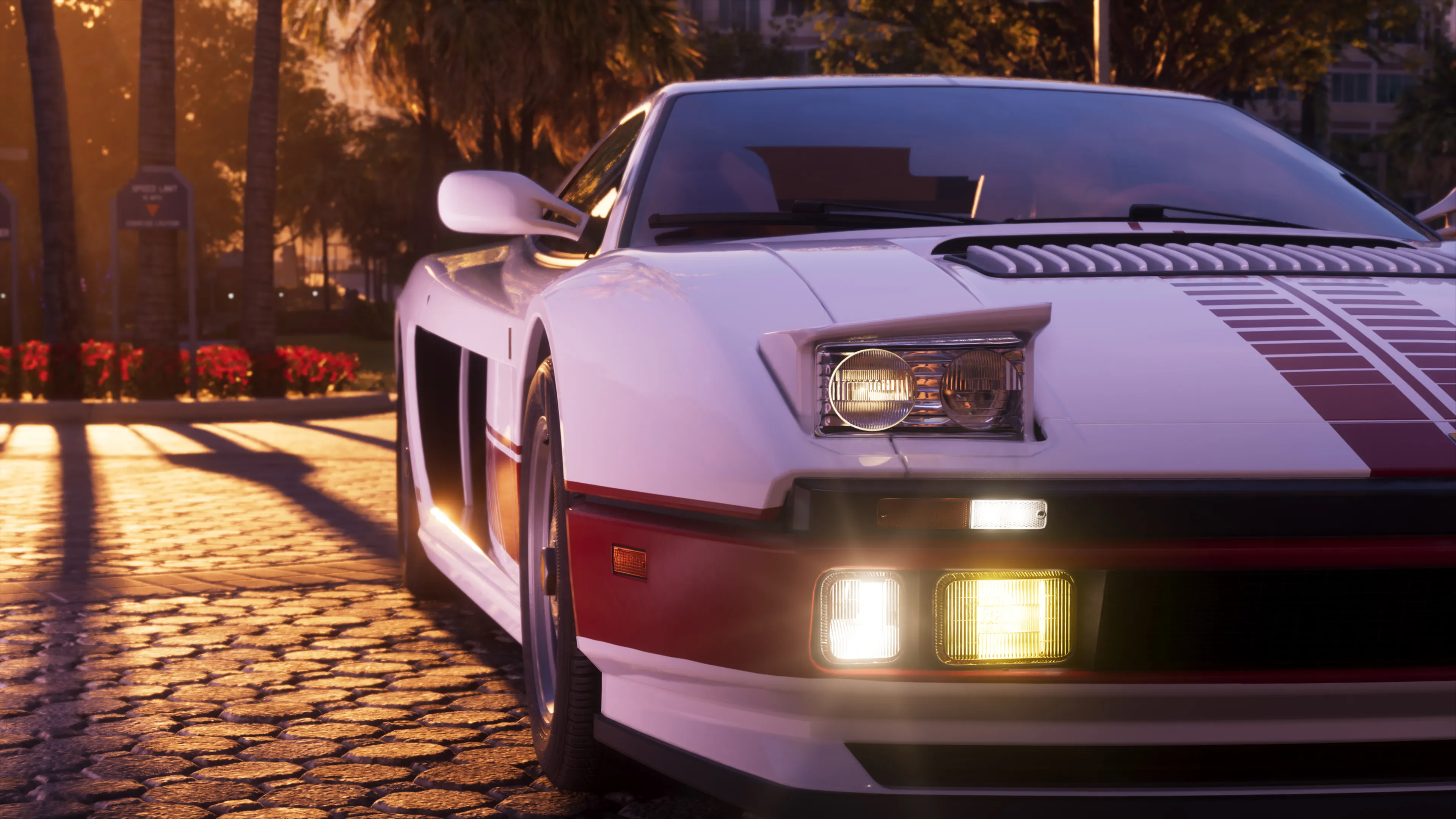 GTA 6 front close-up of the white Grotti Cheetah Classic with headlights on at golden hour
