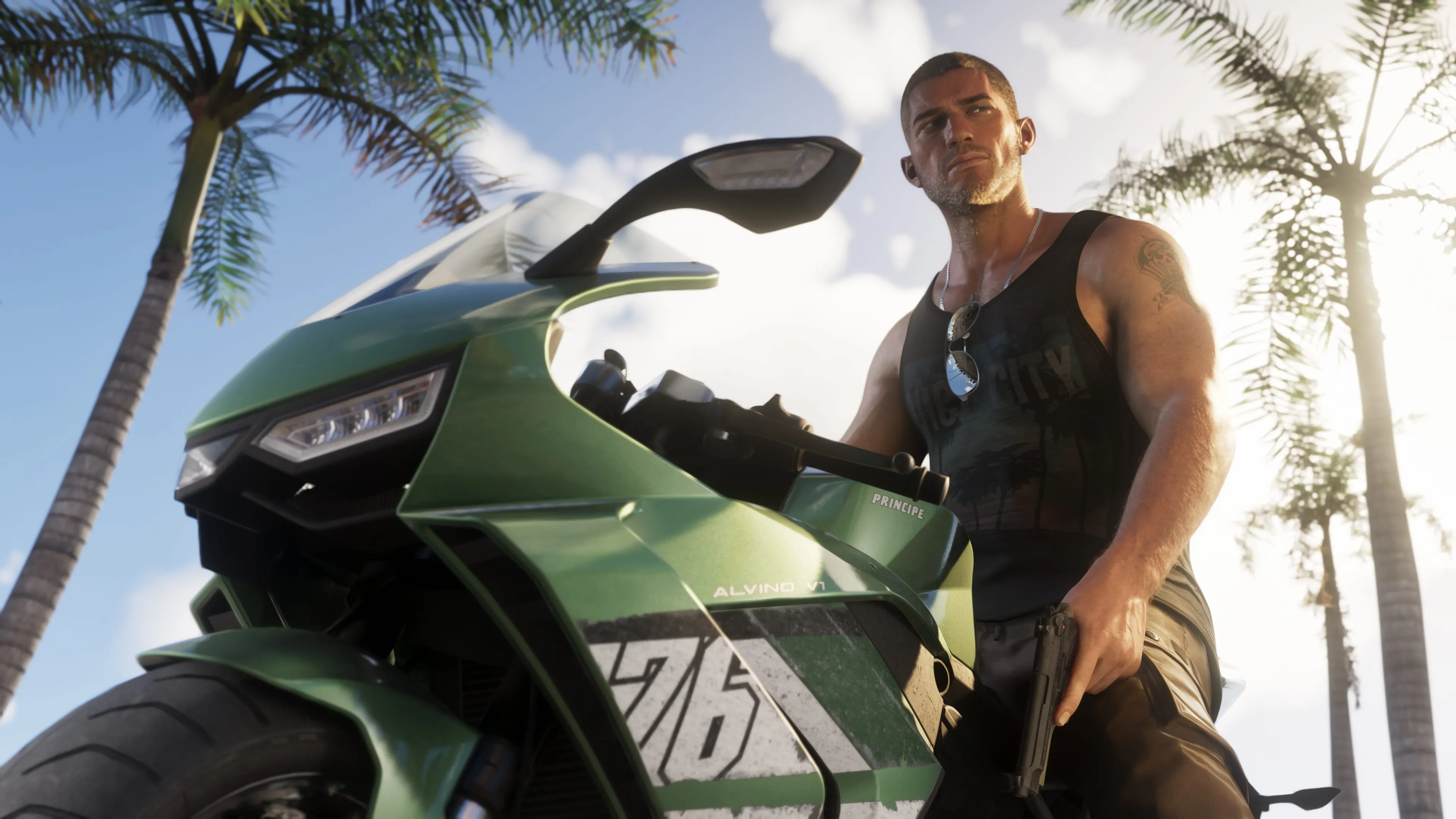 GTA 6 Jason Duval seated on a green Principe sport motorcycle in Vice City