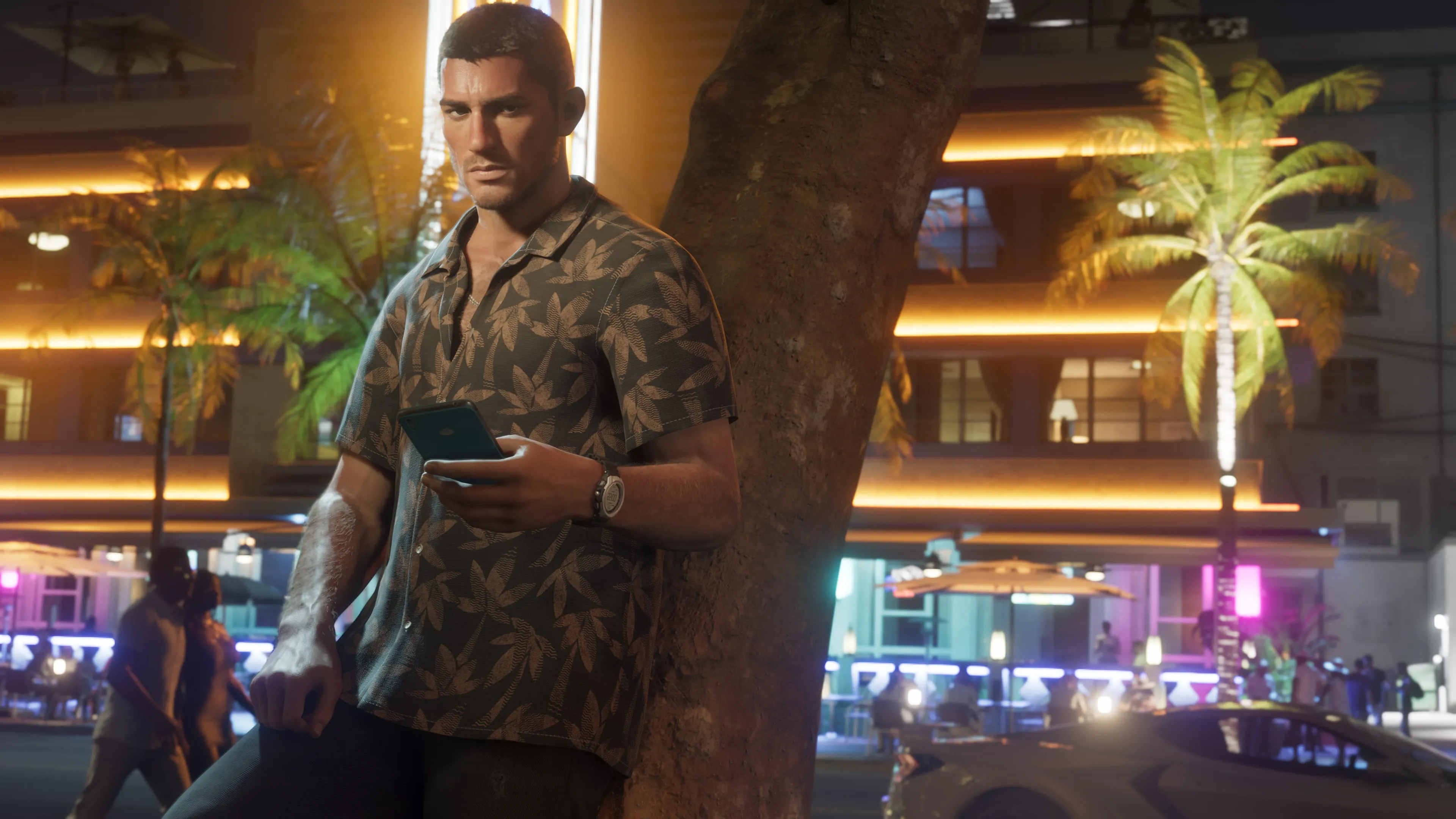GTA 6 Jason Duval resting against a palm tree on a neon Vice City street at night