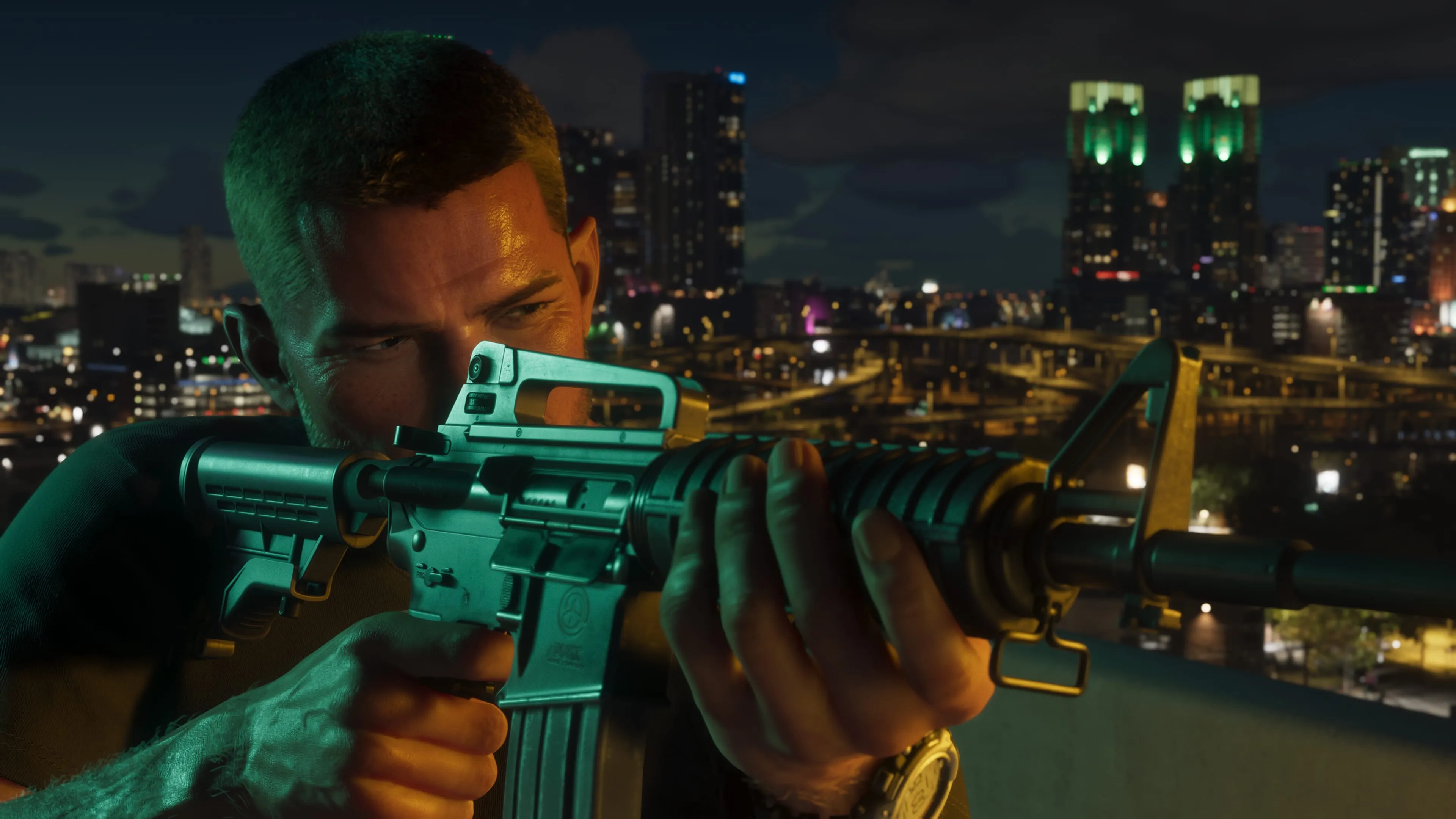 GTA 6 Jason Duval sighting an assault rifle above the night skyline