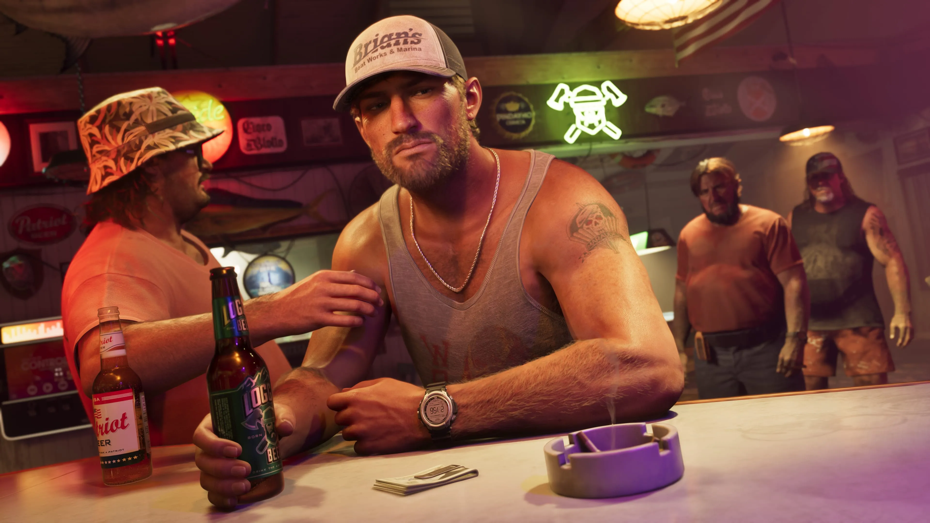 GTA 6 regulars sharing drinks at a Leonida marina dive bar