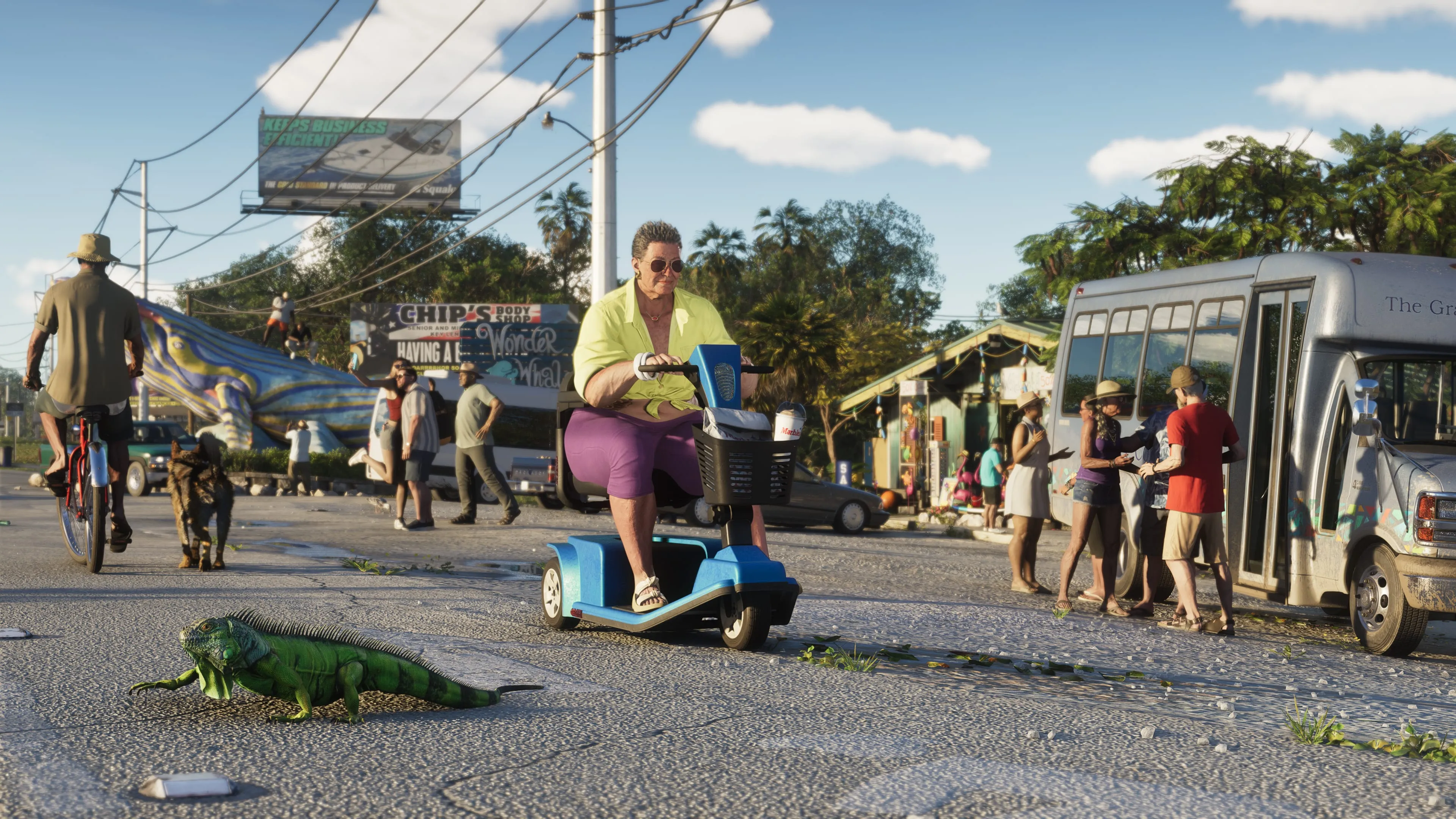 GTA 6 a sunlit Leonida Keys street with an iguana crossing