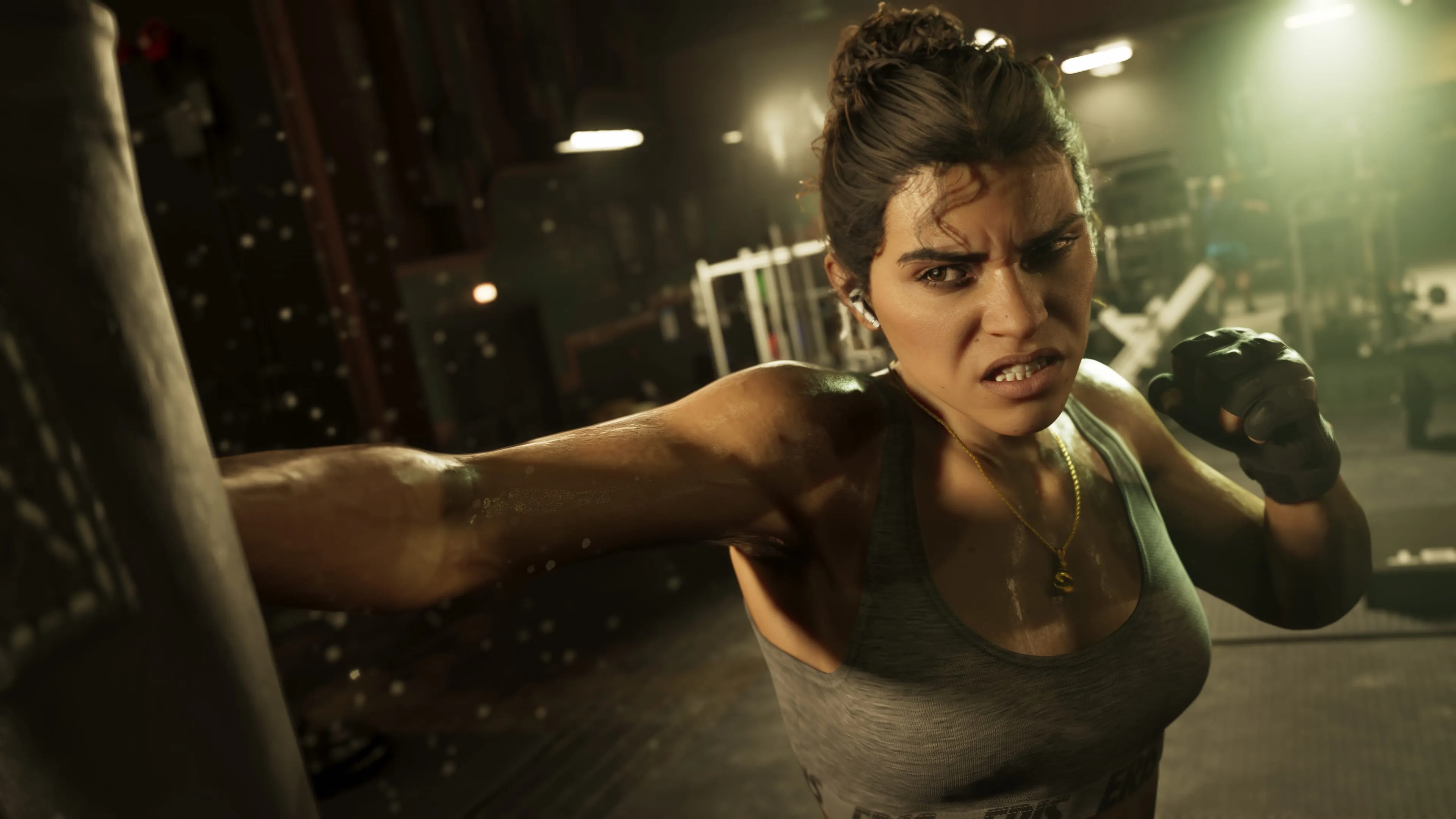 GTA 6 Lucia Caminos working a heavy bag inside a boxing gym