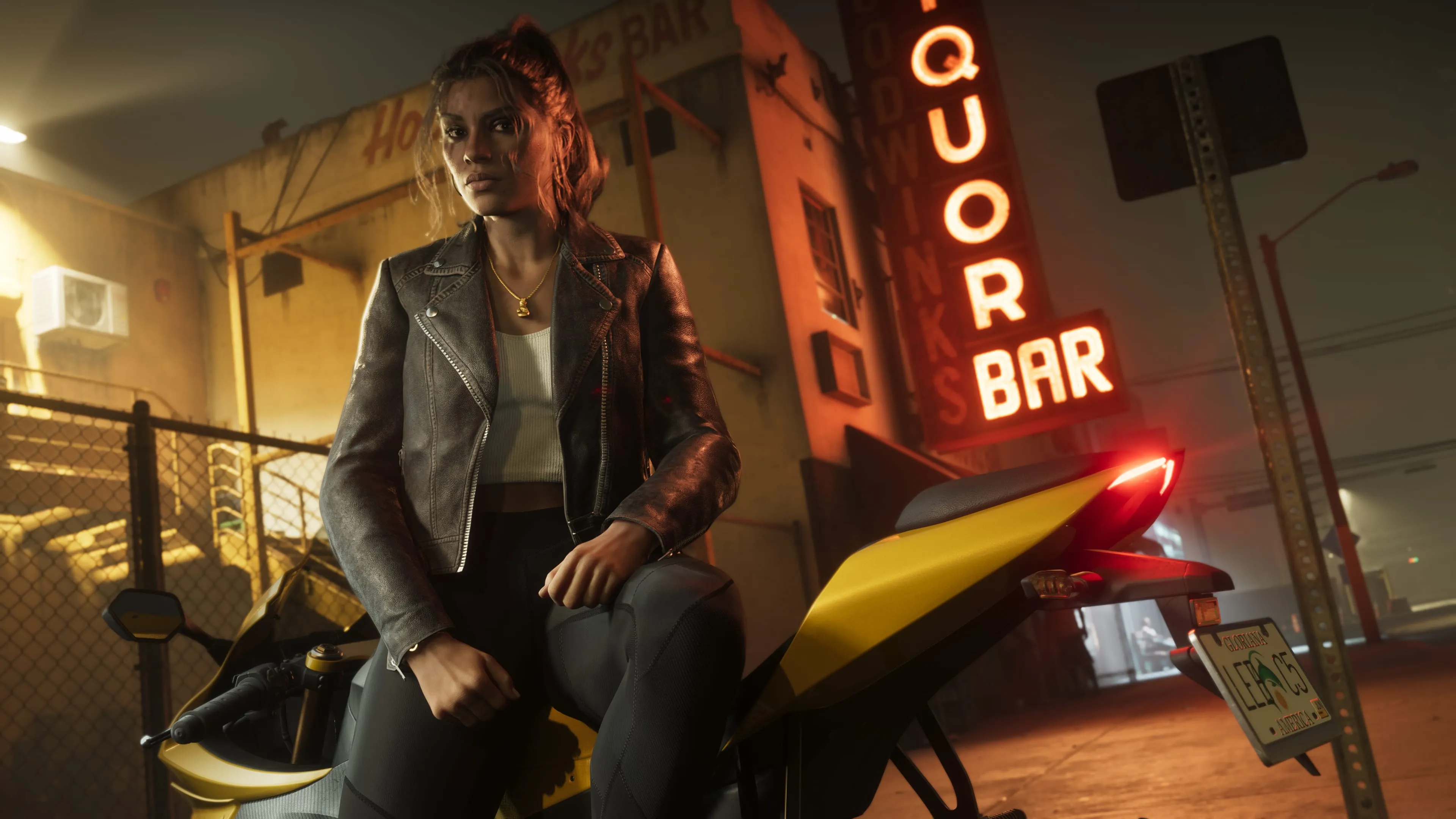 GTA 6 Lucia Caminos beside a sportbike outside a neon liquor bar at night
