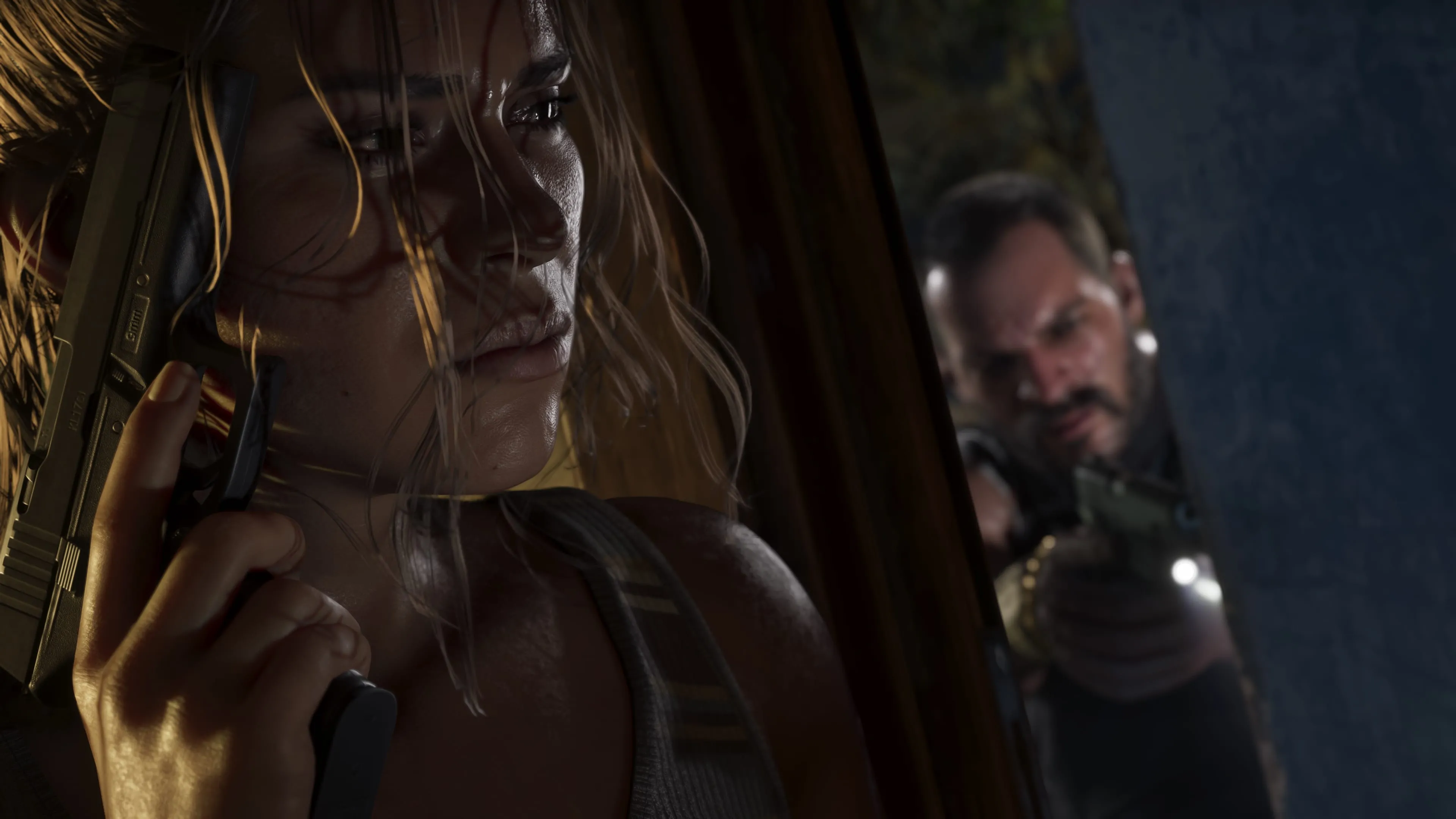 GTA 6 a tense night — Lucia clutching a pistol while an armed man closes in