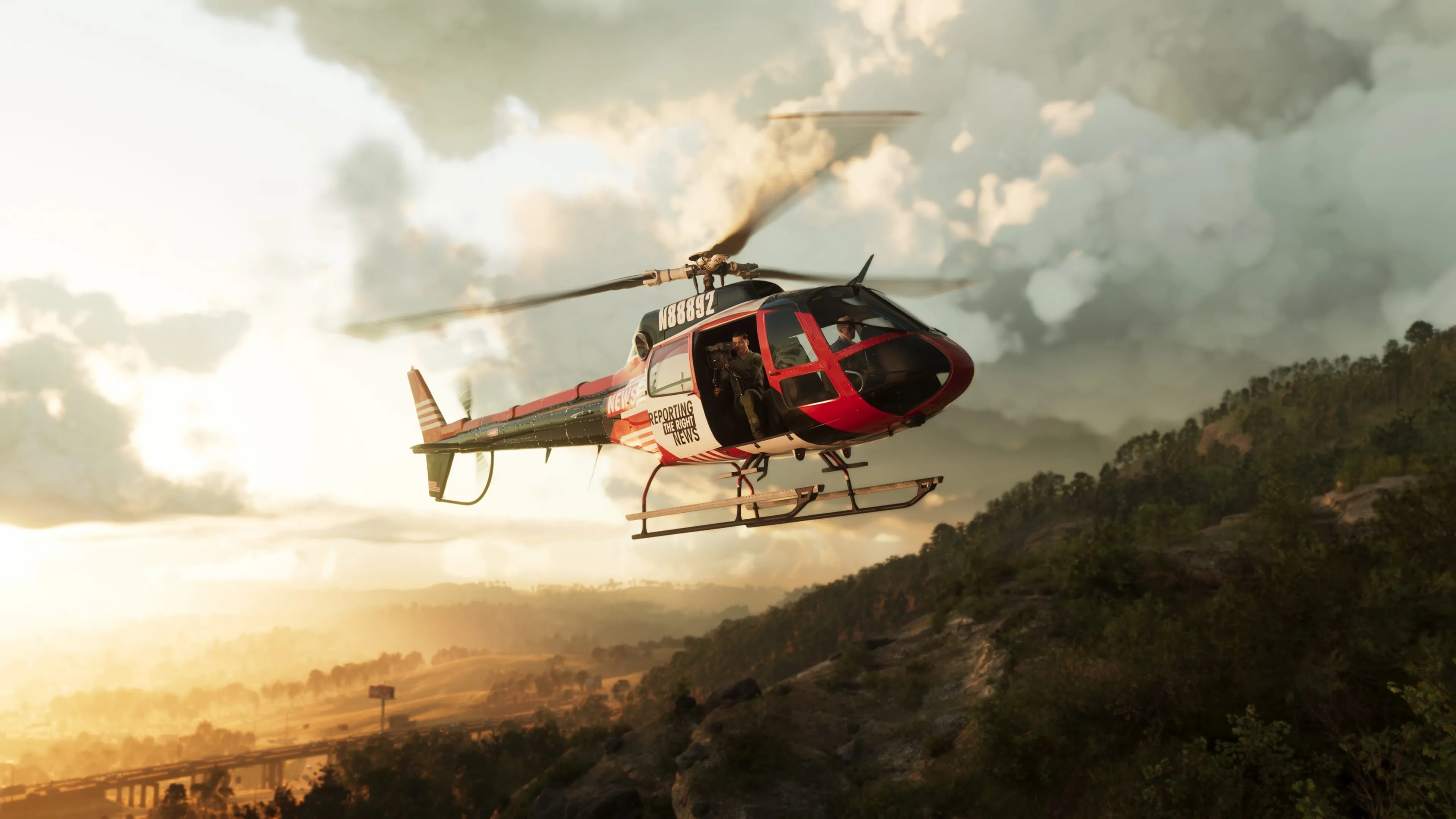 GTA 6 a news helicopter above Mount Kalaga at golden hour