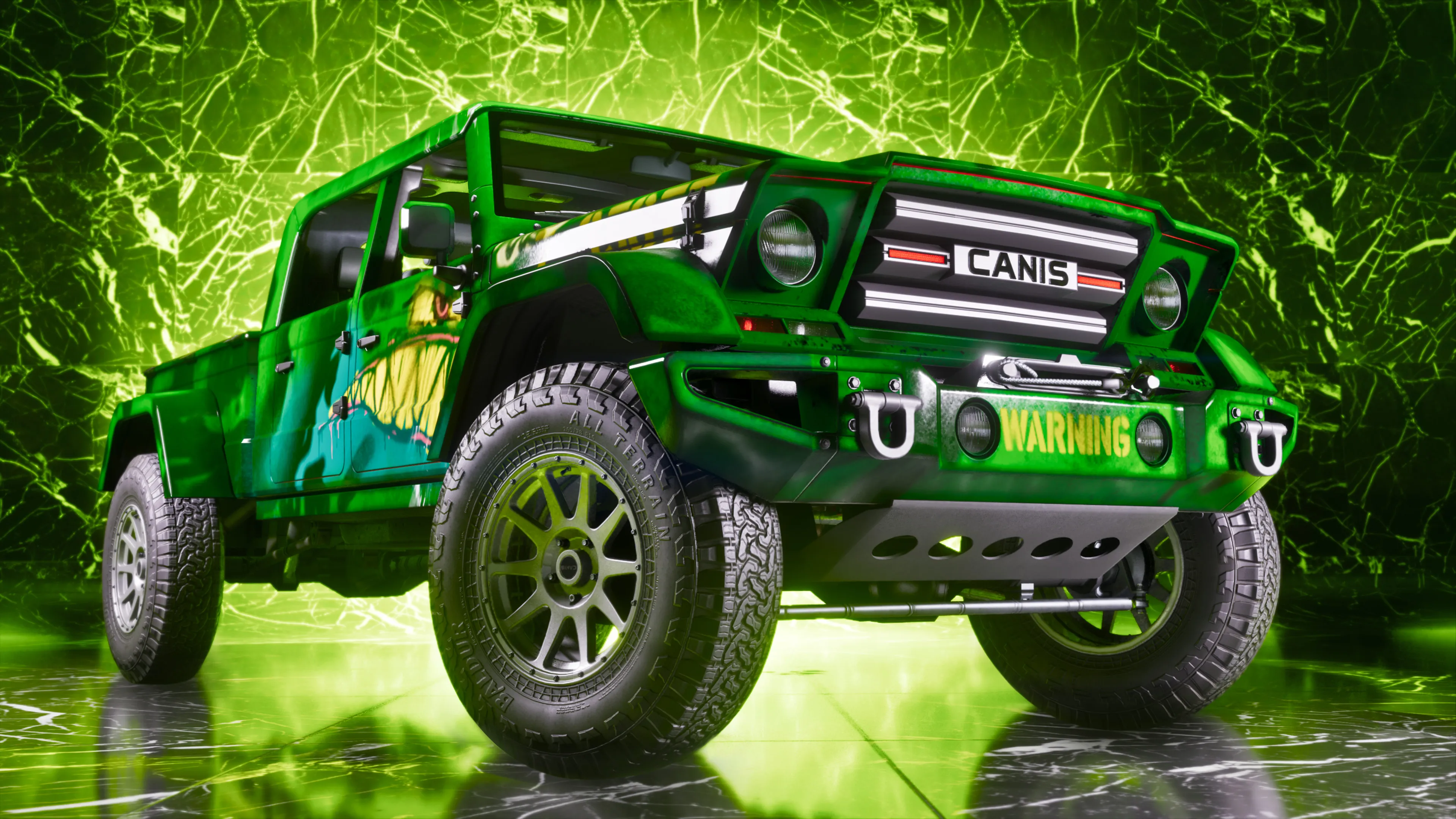 GTA 6 a lime-green Canis off-road pickup named One-Eyed Willie against an electric-green backdrop