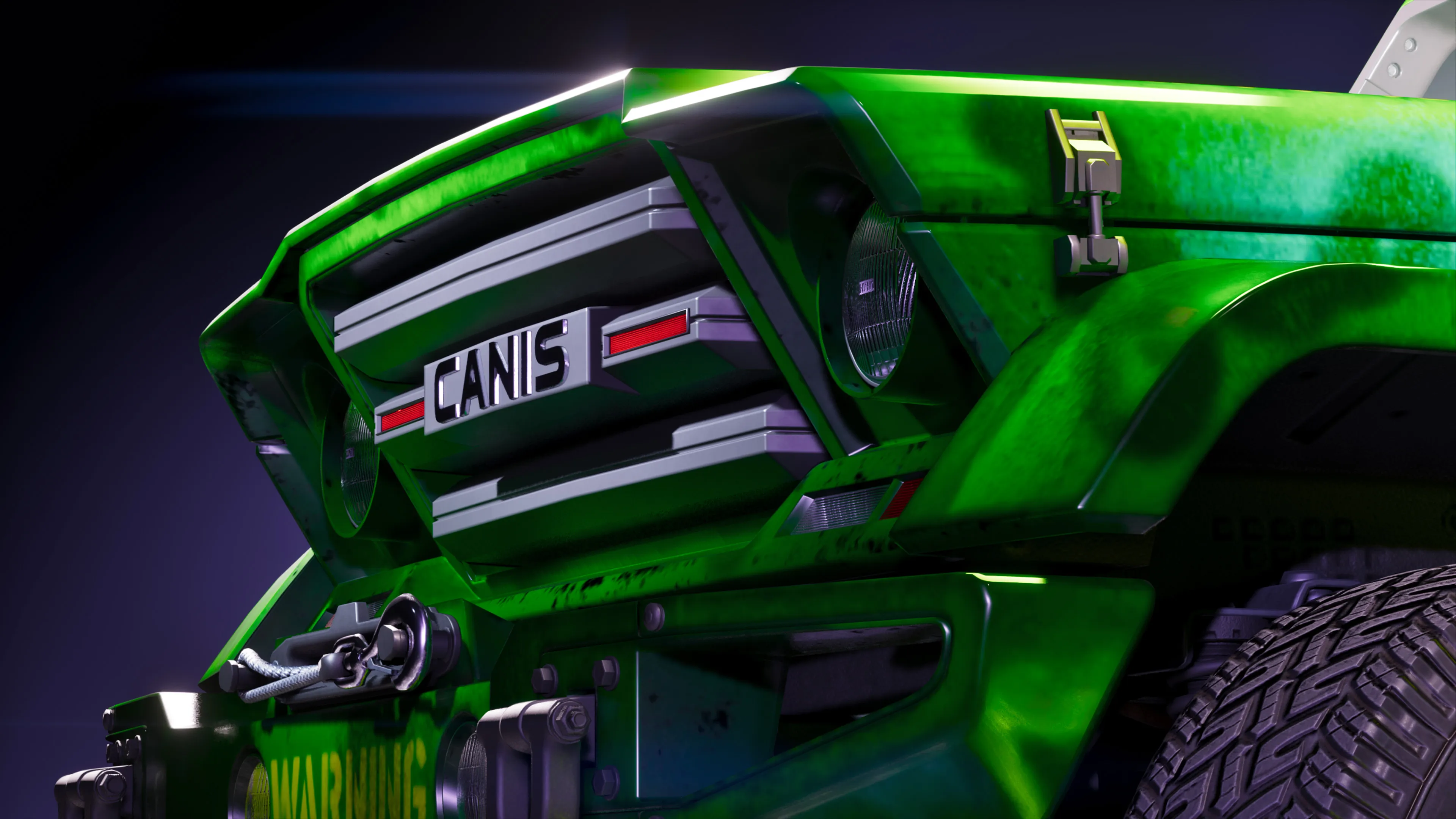 GTA 6 close-up of the One-Eyed Willie green Canis grille and warning winch plate