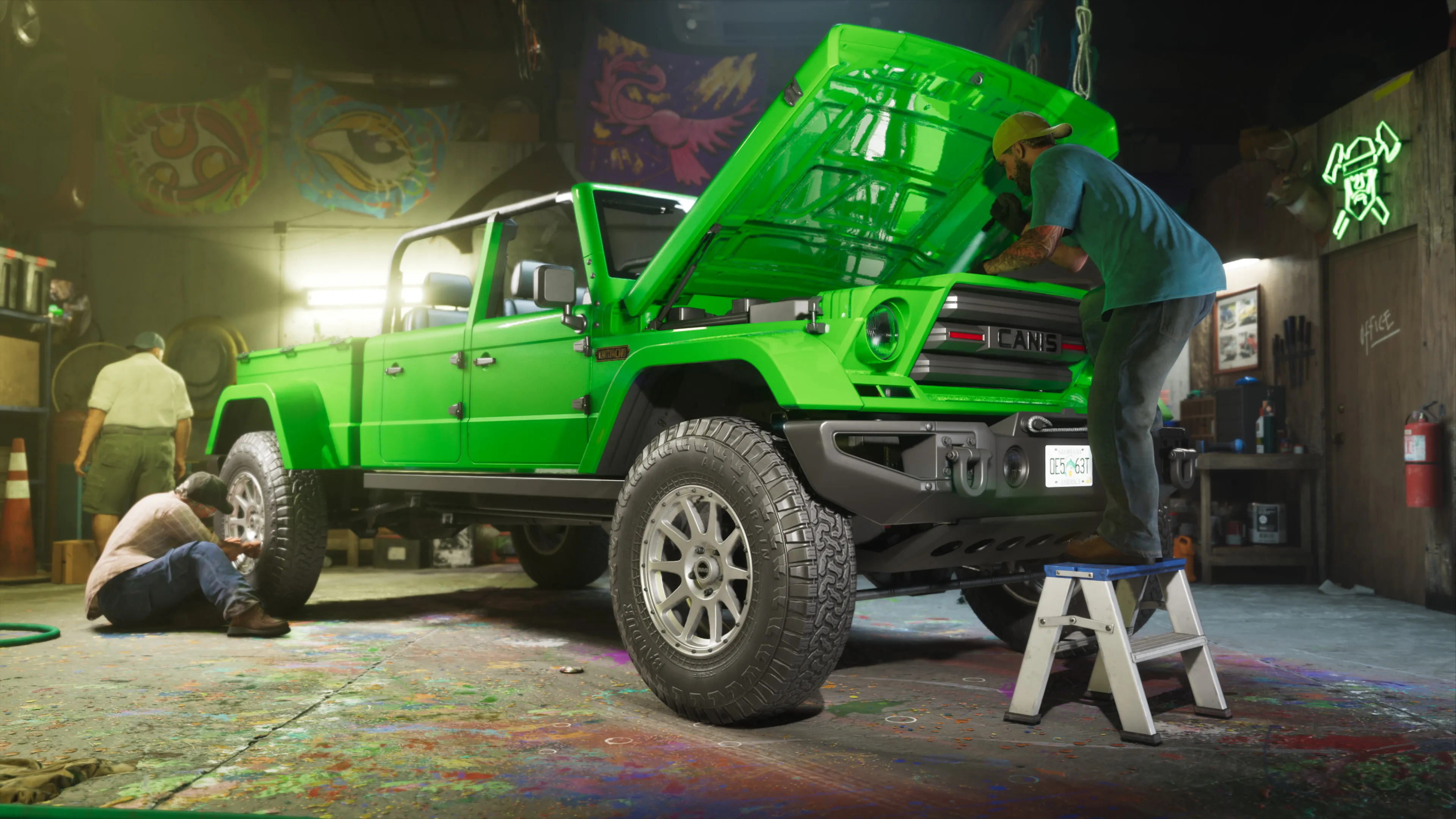 GTA 6 the One-Eyed Willie green pickup on a garage lift with mechanics working on it