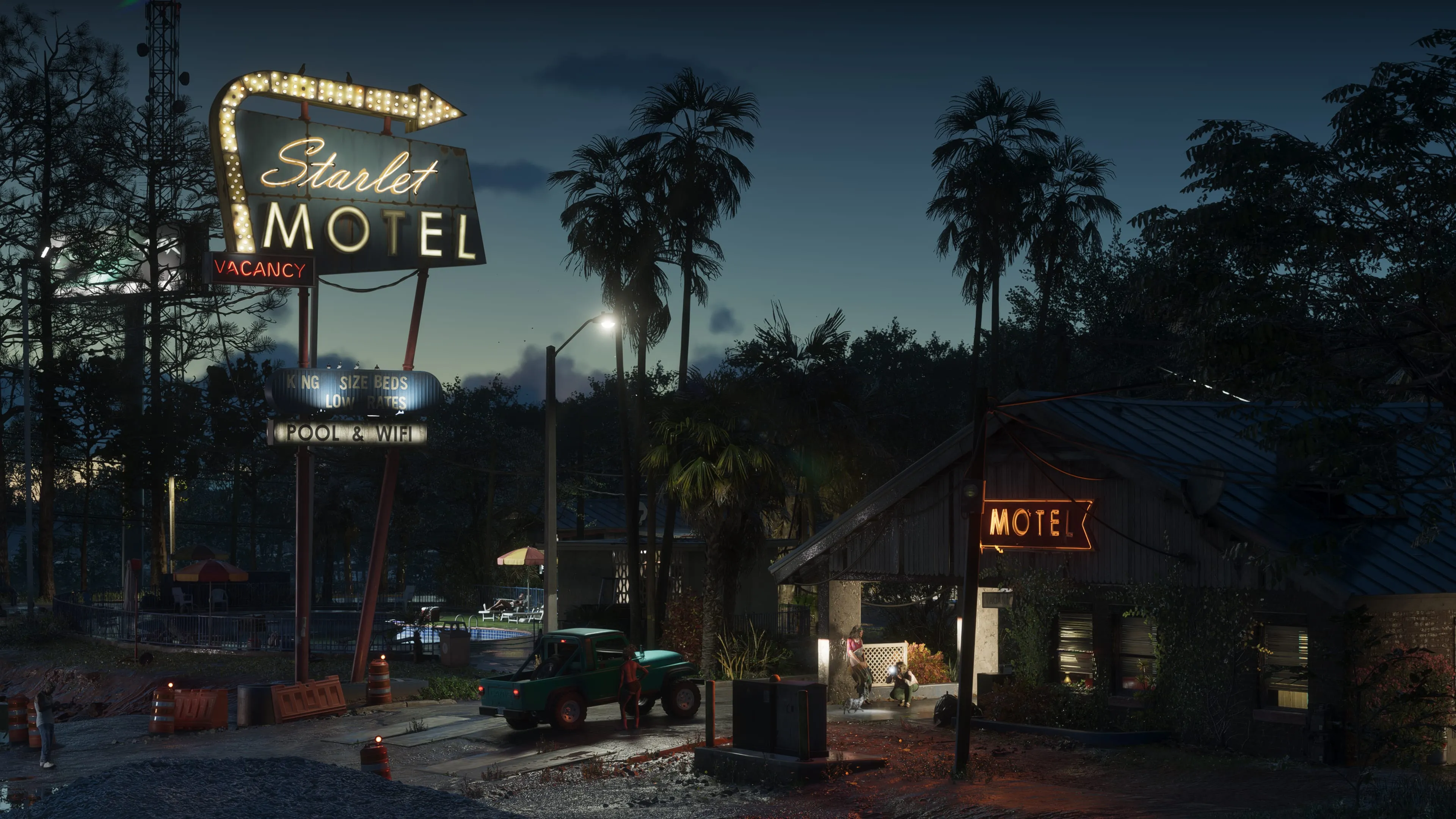 GTA 6 the Starlet Motel lit up at dusk in Port Gellhorn