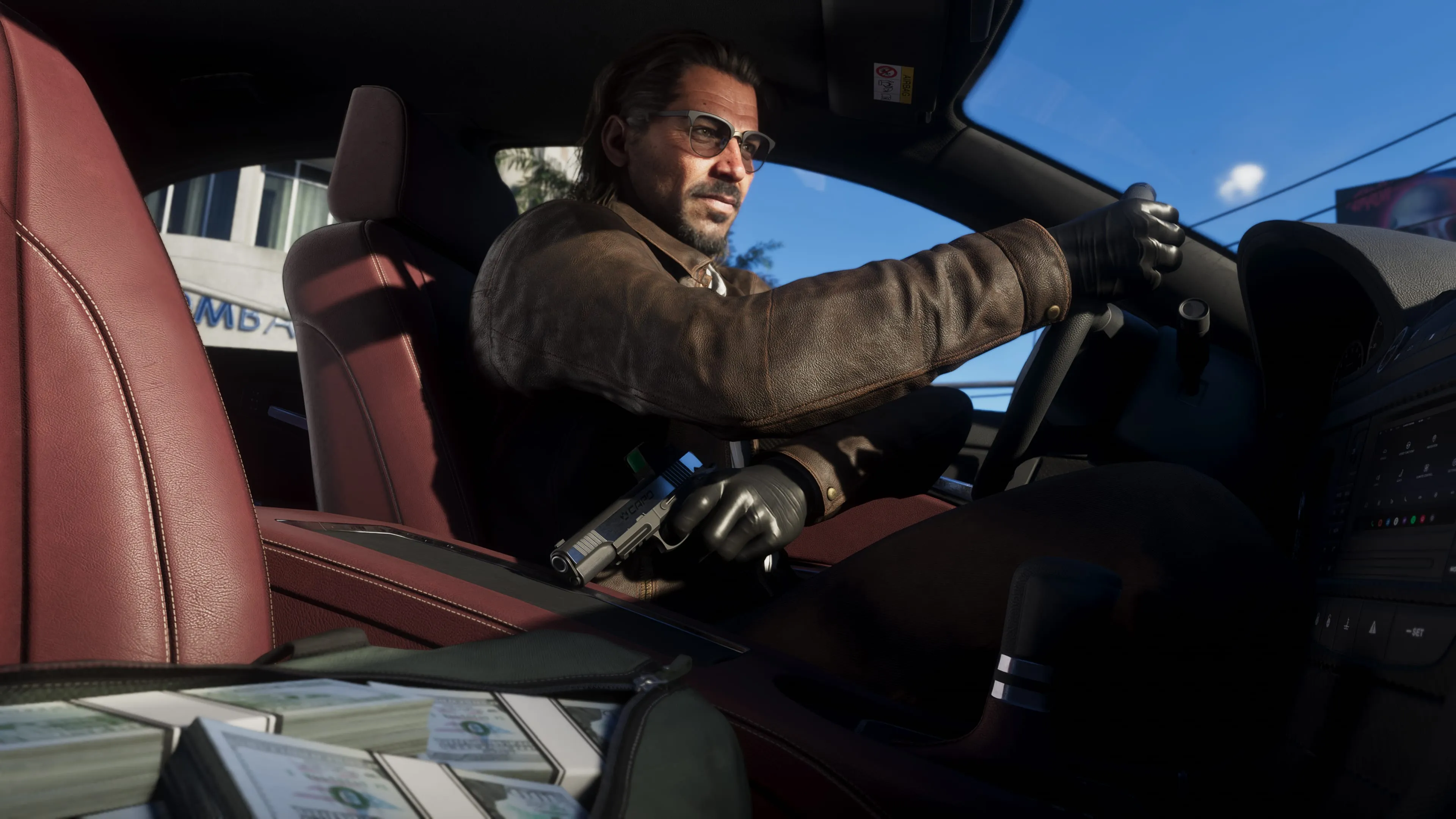 GTA 6 Raul Bautista at the wheel with cash and a pistol beside him