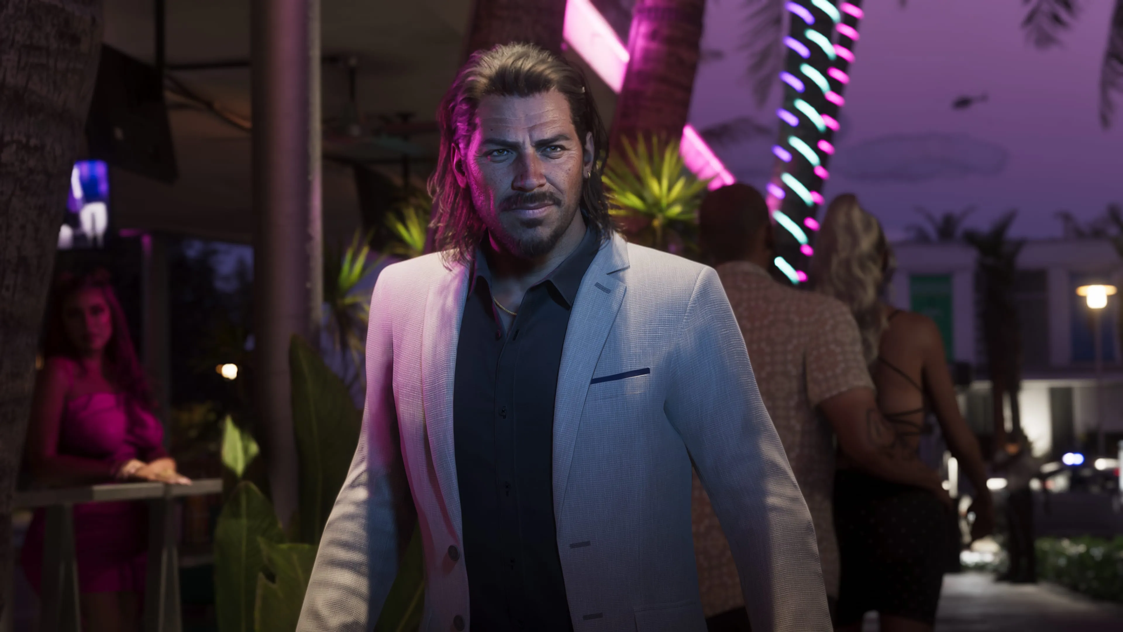 GTA 6 Raul Bautista on a neon-lit nightlife strip