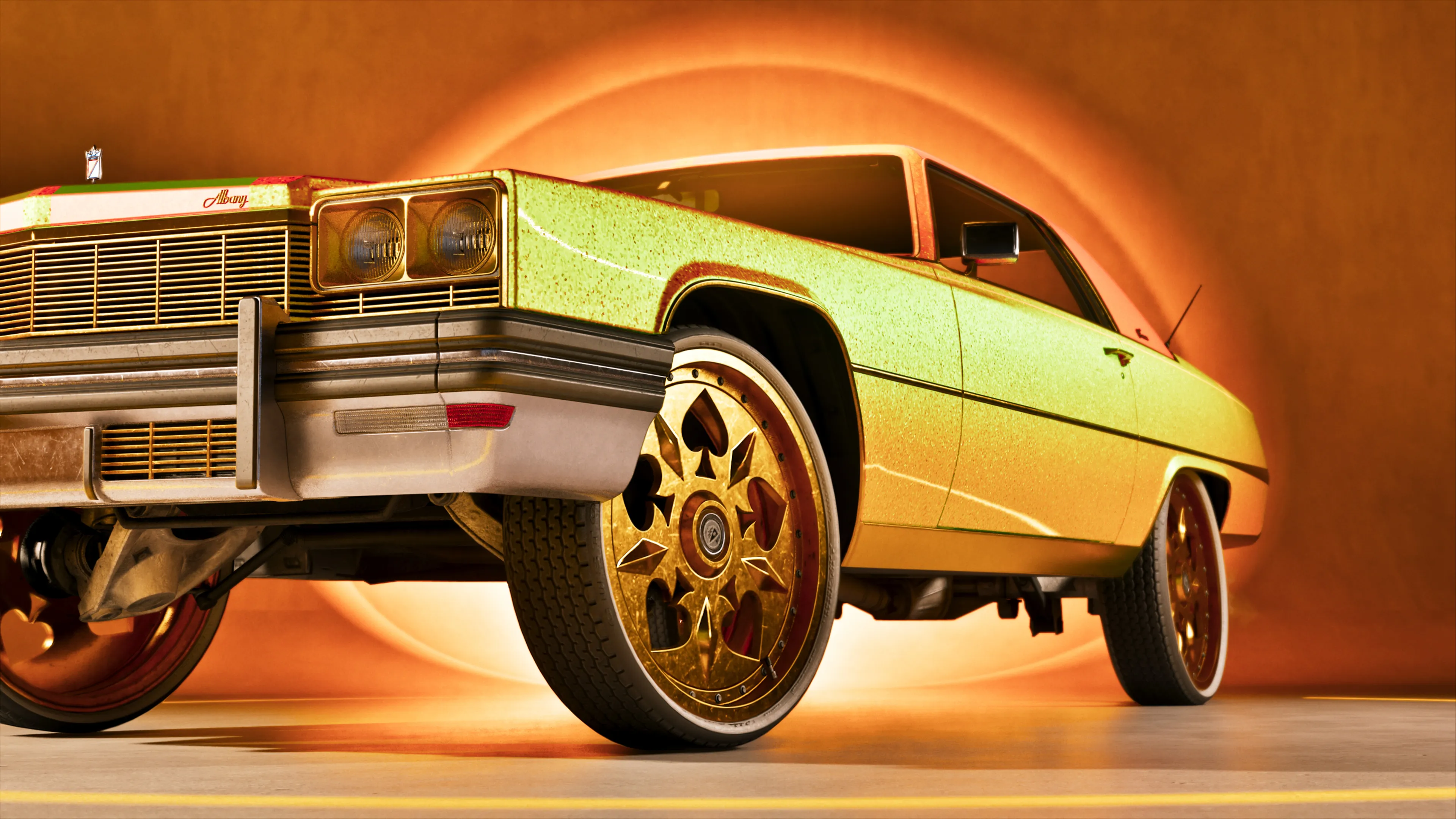 GTA 6 a green and gold metallic-flake lowrider with gold spoke wheels at Rideout Customs