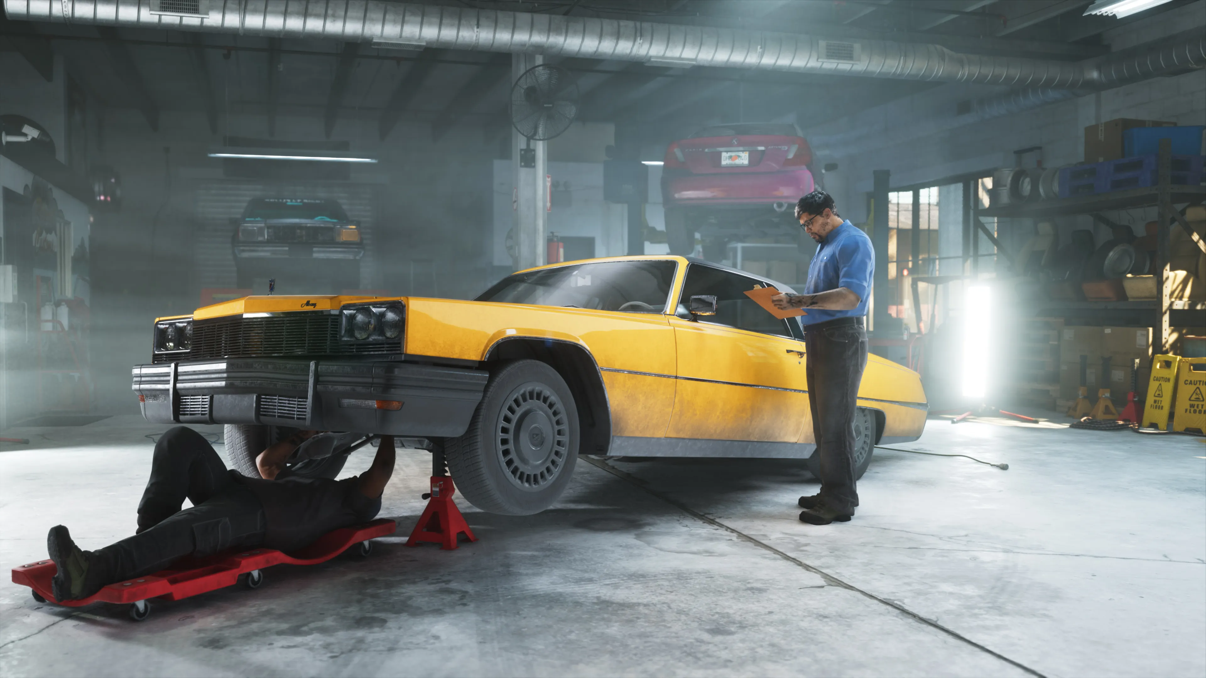 GTA 6 a yellow classic coupe up on jacks at the Rideout Customs garage
