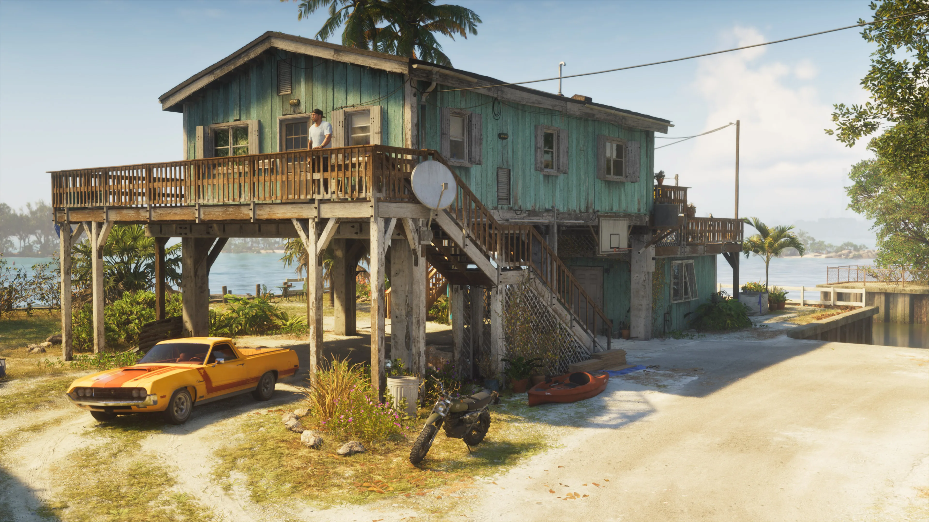 GTA 6 a stilt-house safehouse on the water with a muscle car and dirt bike parked beneath