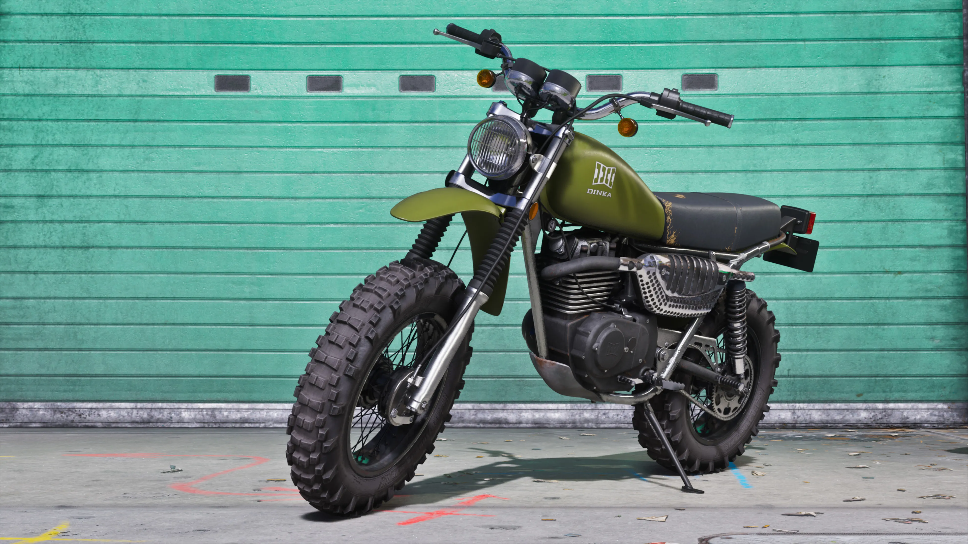 GTA 6 an olive-green scrambler dirt bike parked against a green garage door