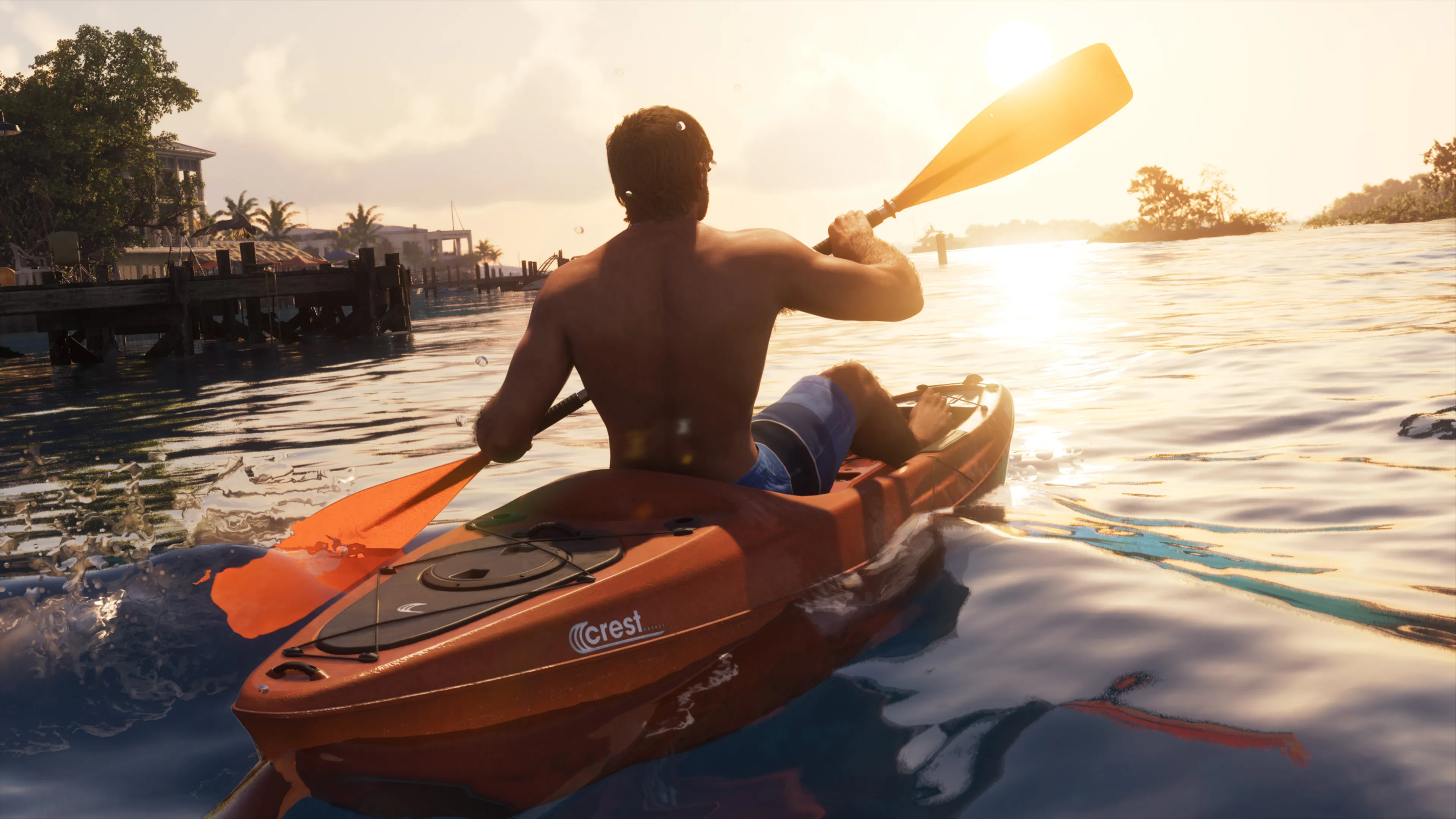 GTA 6 a man paddling an orange kayak across the water toward the docks at sunset