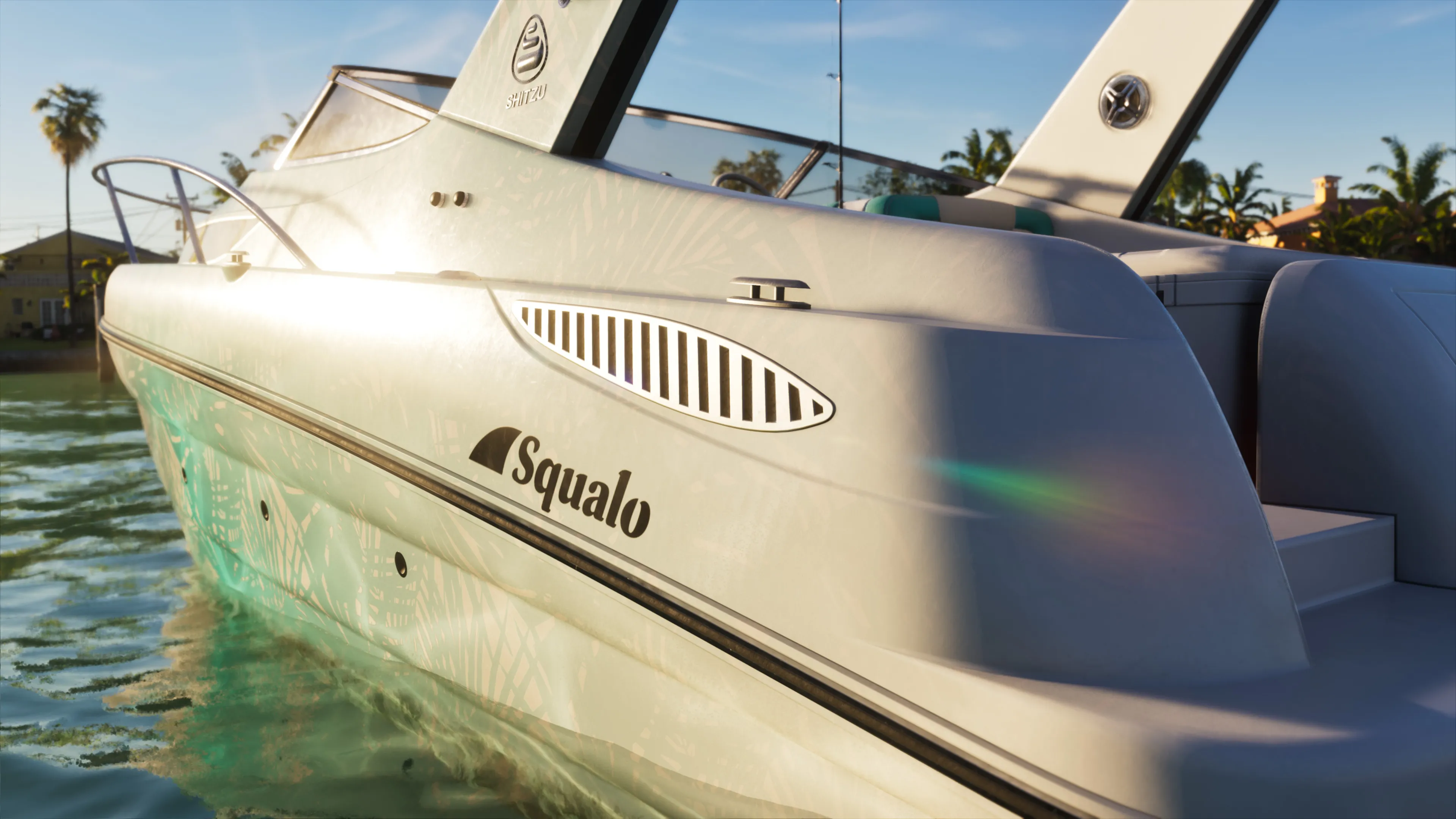 GTA 6 close-up of the Shitzu Squalo speedboat hull and badge moored by palms