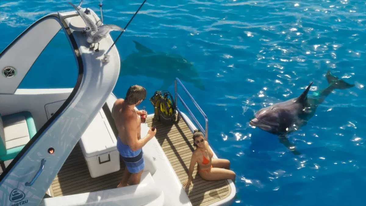 GTA 6 Ultimate Edition pink and blue Shitzu Squalo boat at Washington Beach