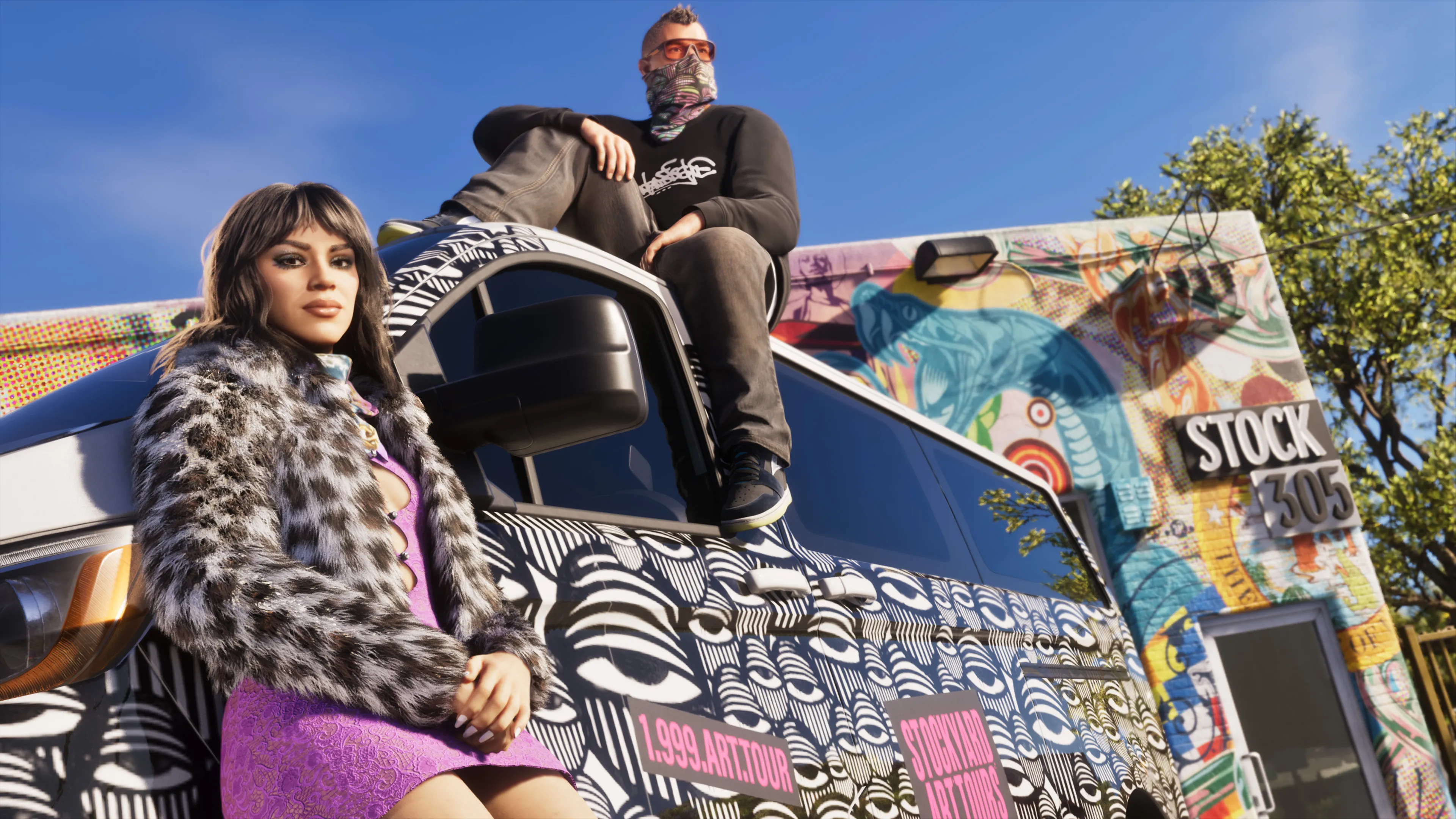 GTA 6 two people posing on a graffiti-covered van outside the Stock 305 store