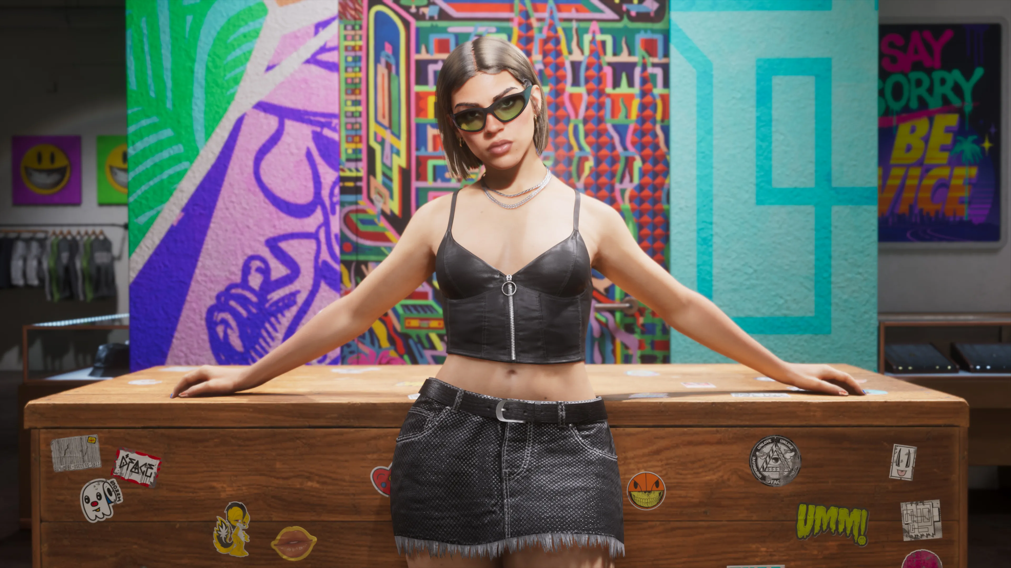 GTA 6 a woman in a leather top and cat-eye shades posing at the Stock 305 counter