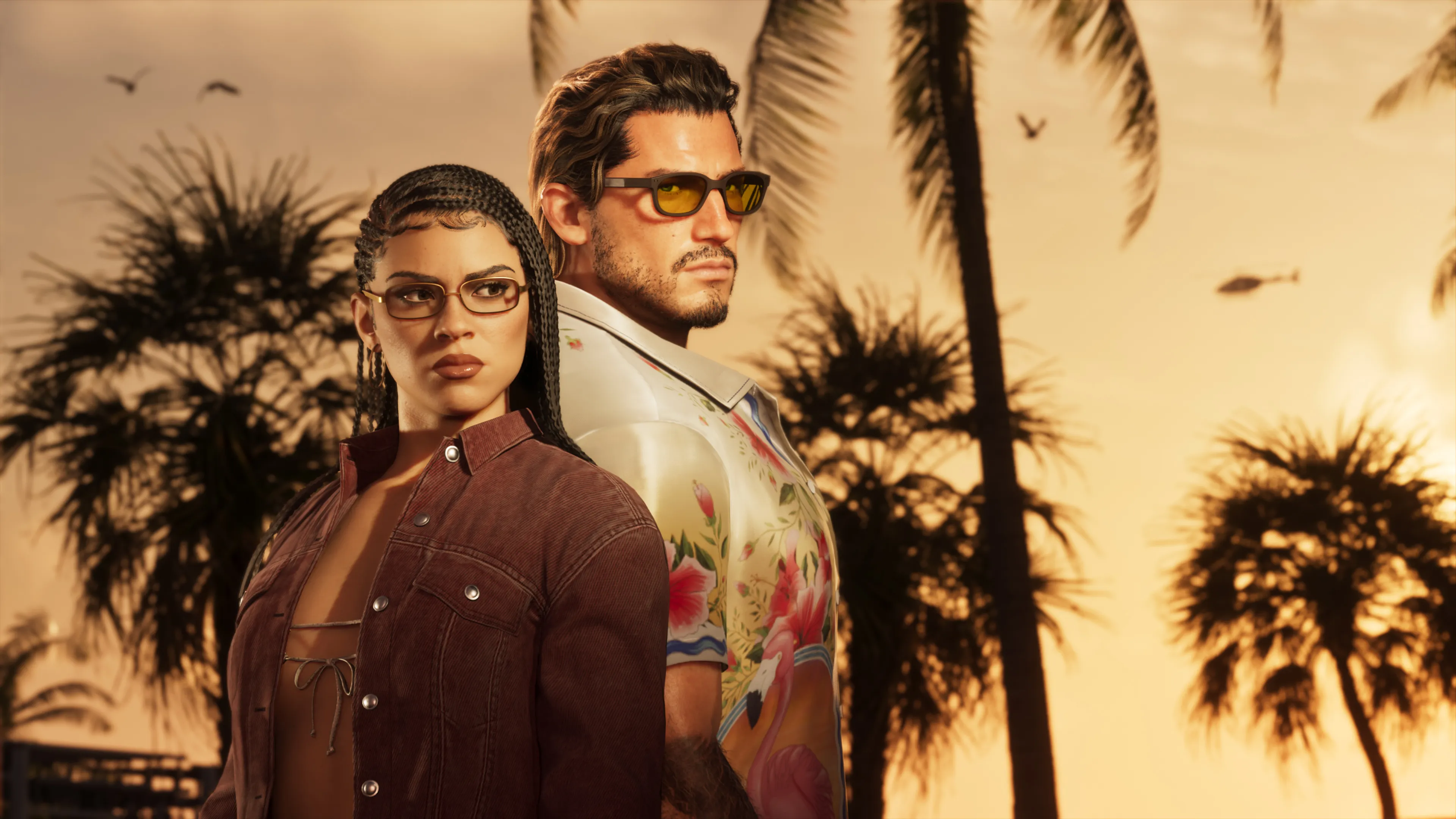GTA 6 Jason and Lucia in Ultimate Edition outfits standing back-to-back at a palm-lined sunset