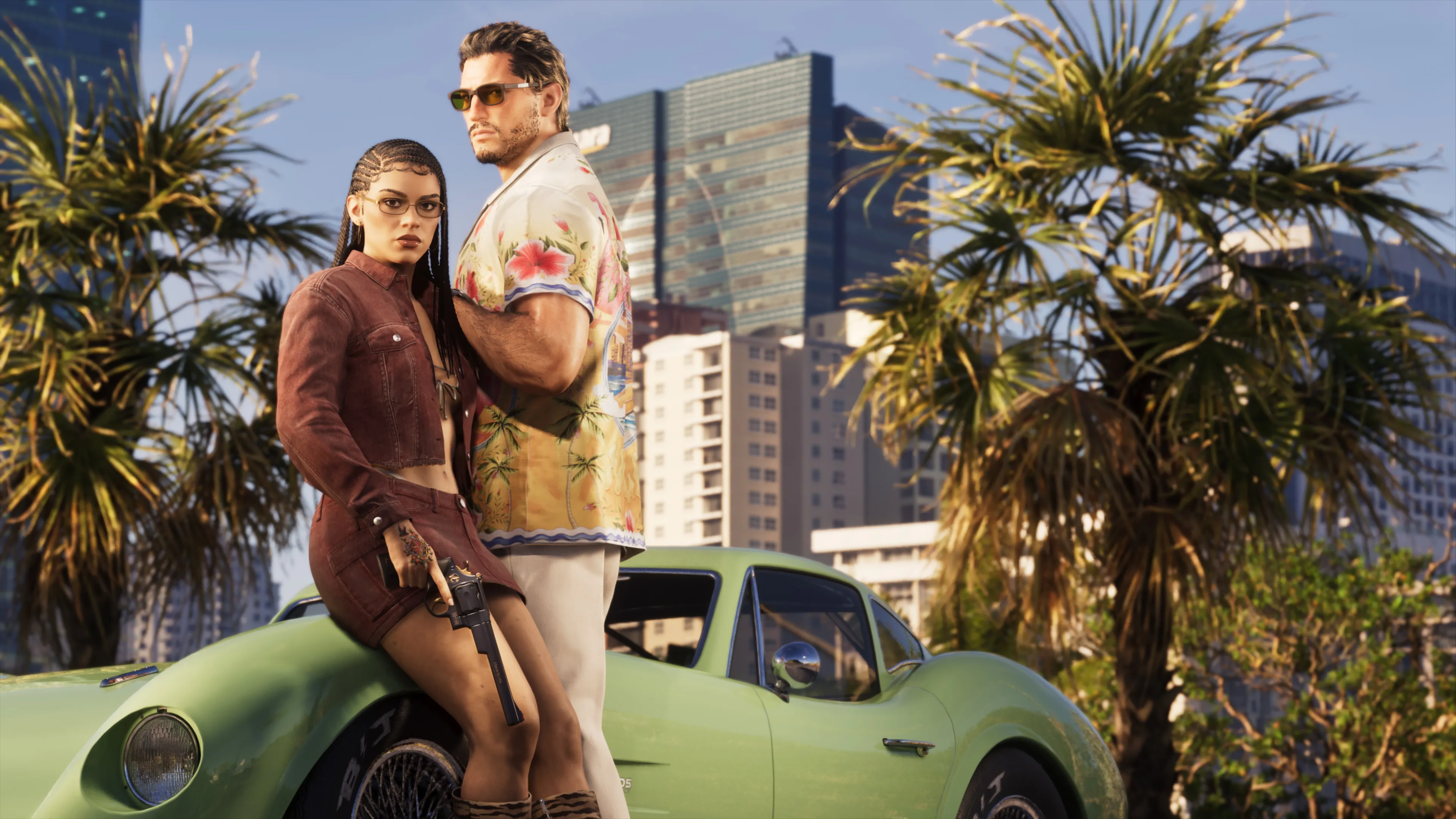 GTA 6 Jason and Lucia leaning on a green classic sports car with the Vice City skyline behind