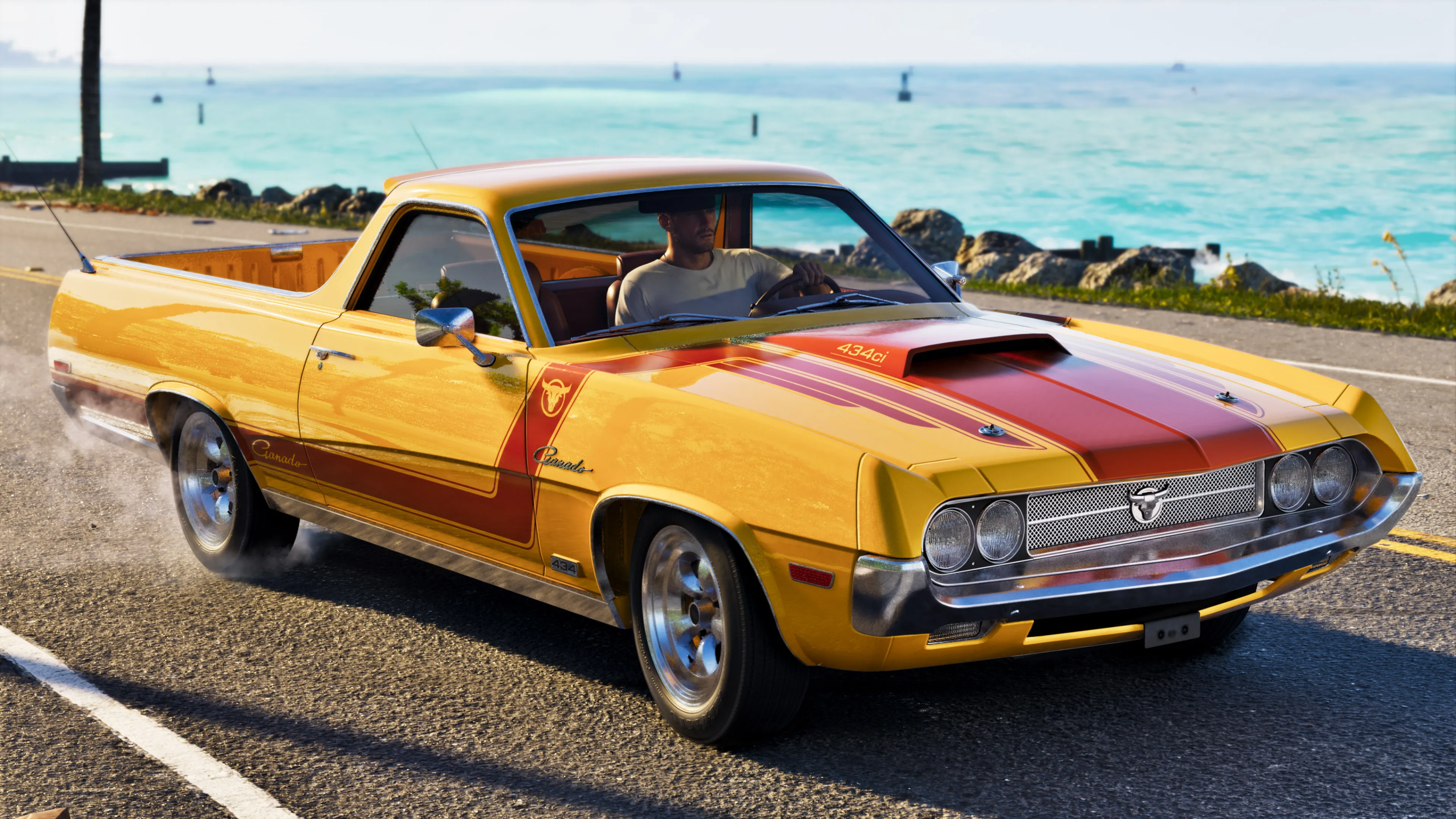 GTA 6 Ultimate Edition Vapid Ganado retro build, a yellow and red striped classic ute, on a coast road