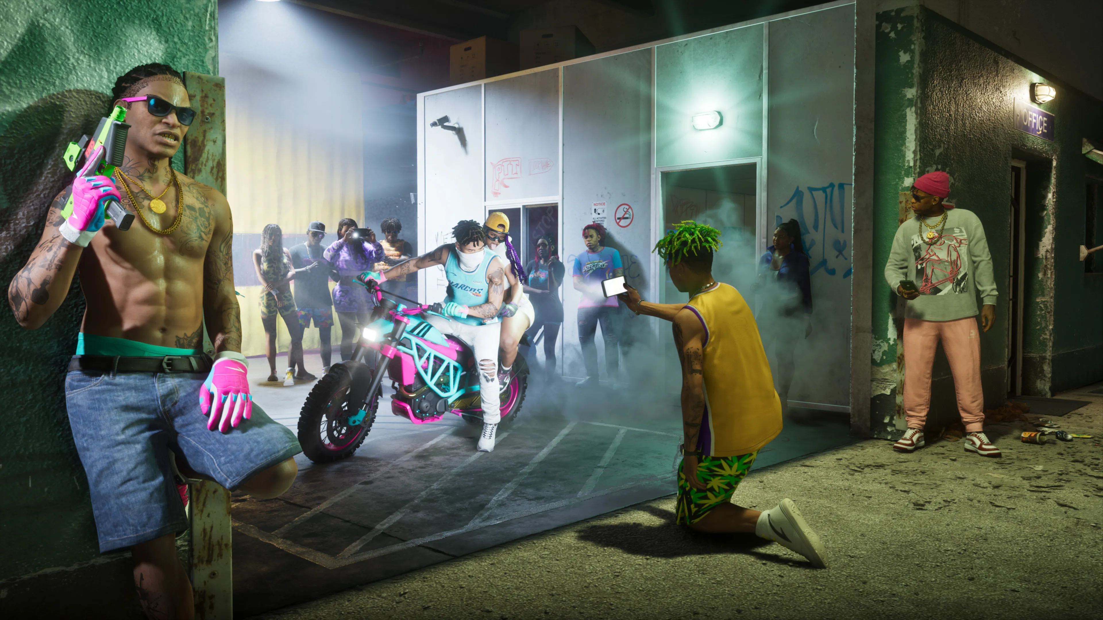 GTA 6 a neon night street scene with a custom pink sportbike outside the PTT store