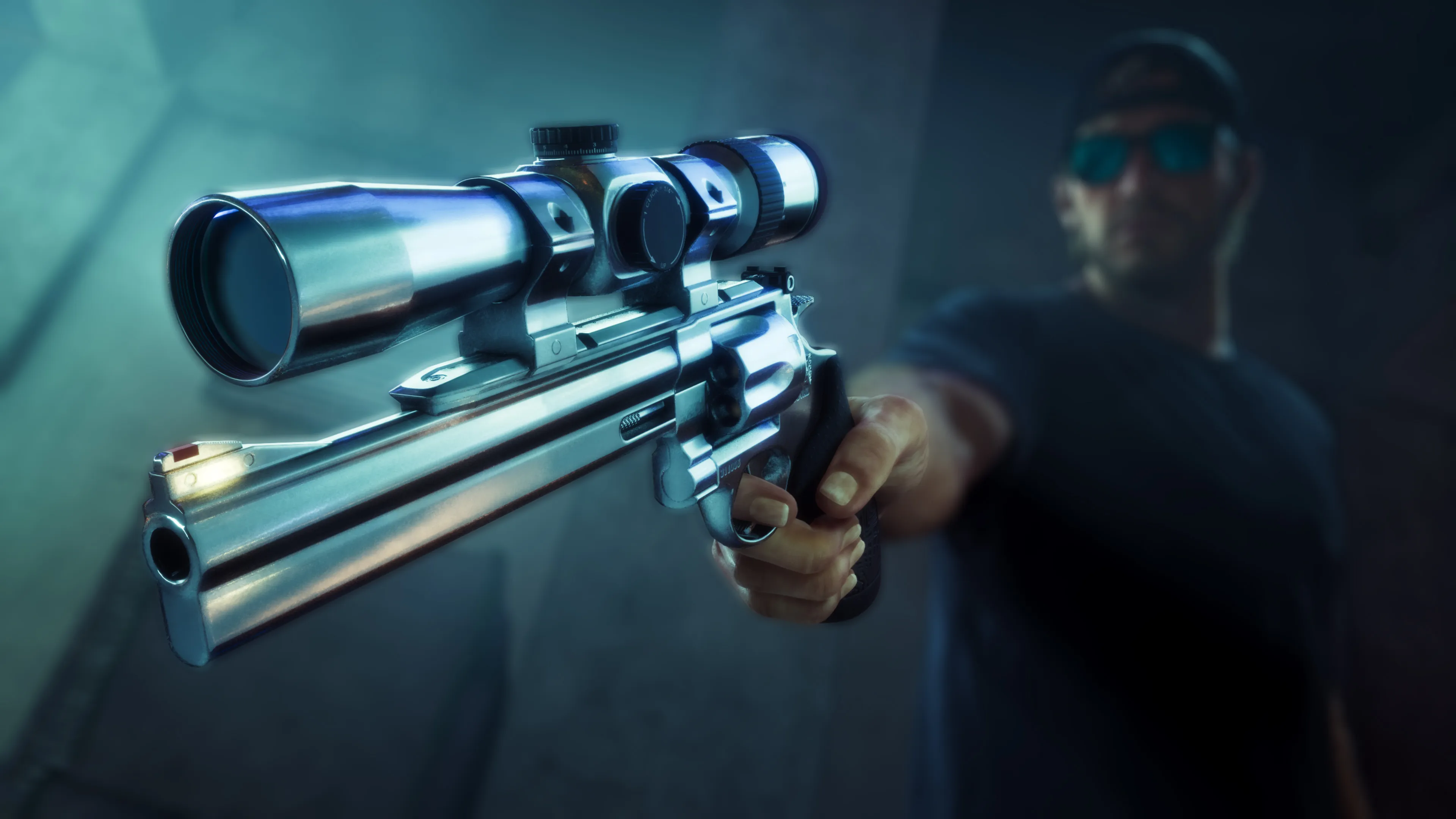 GTA 6 a man aiming a long scoped chrome Hawk and Little Morgan revolver