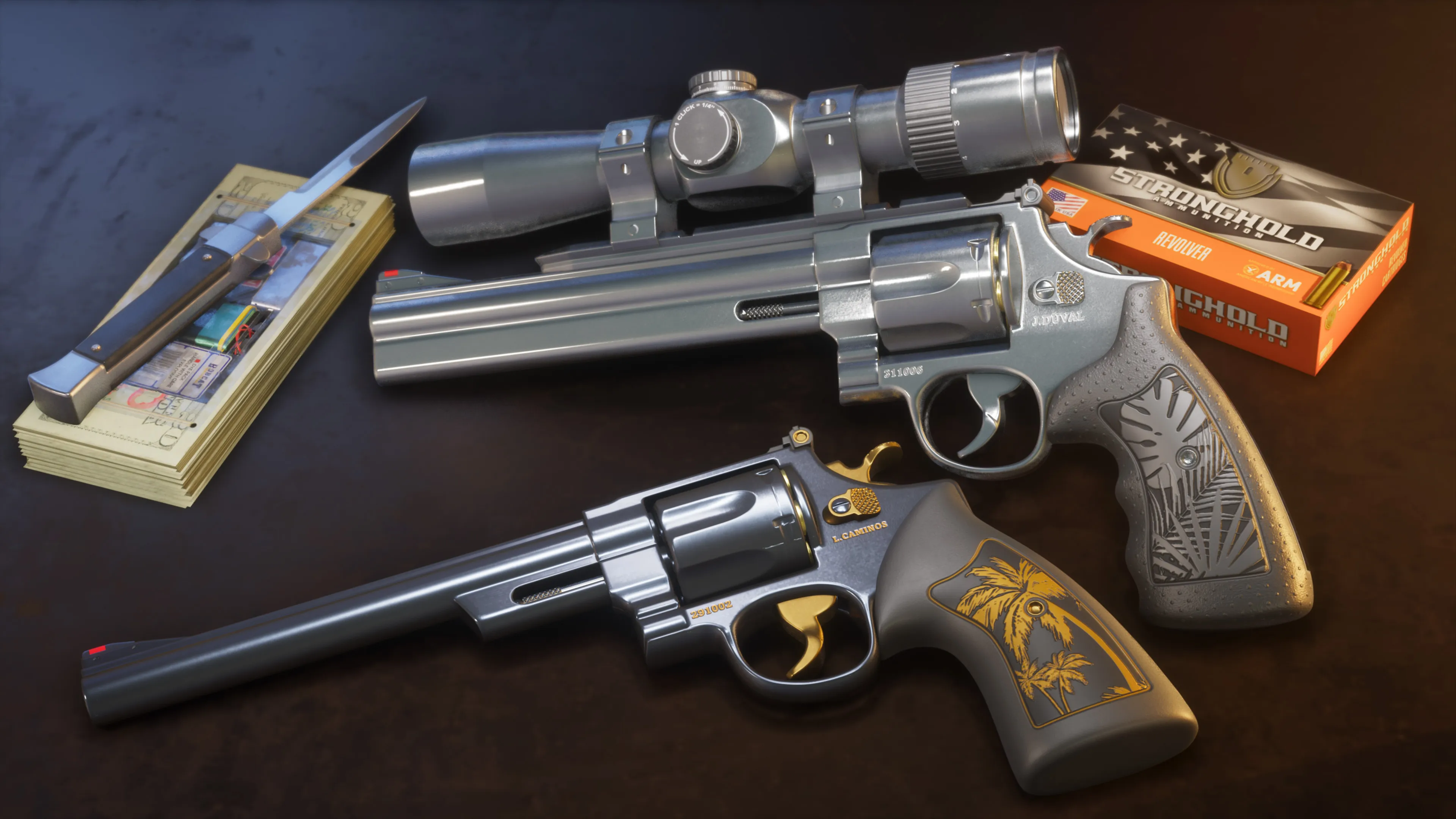 GTA 6 two Hawk and Little Morgan revolvers with a Stronghold ammo box and switchblade