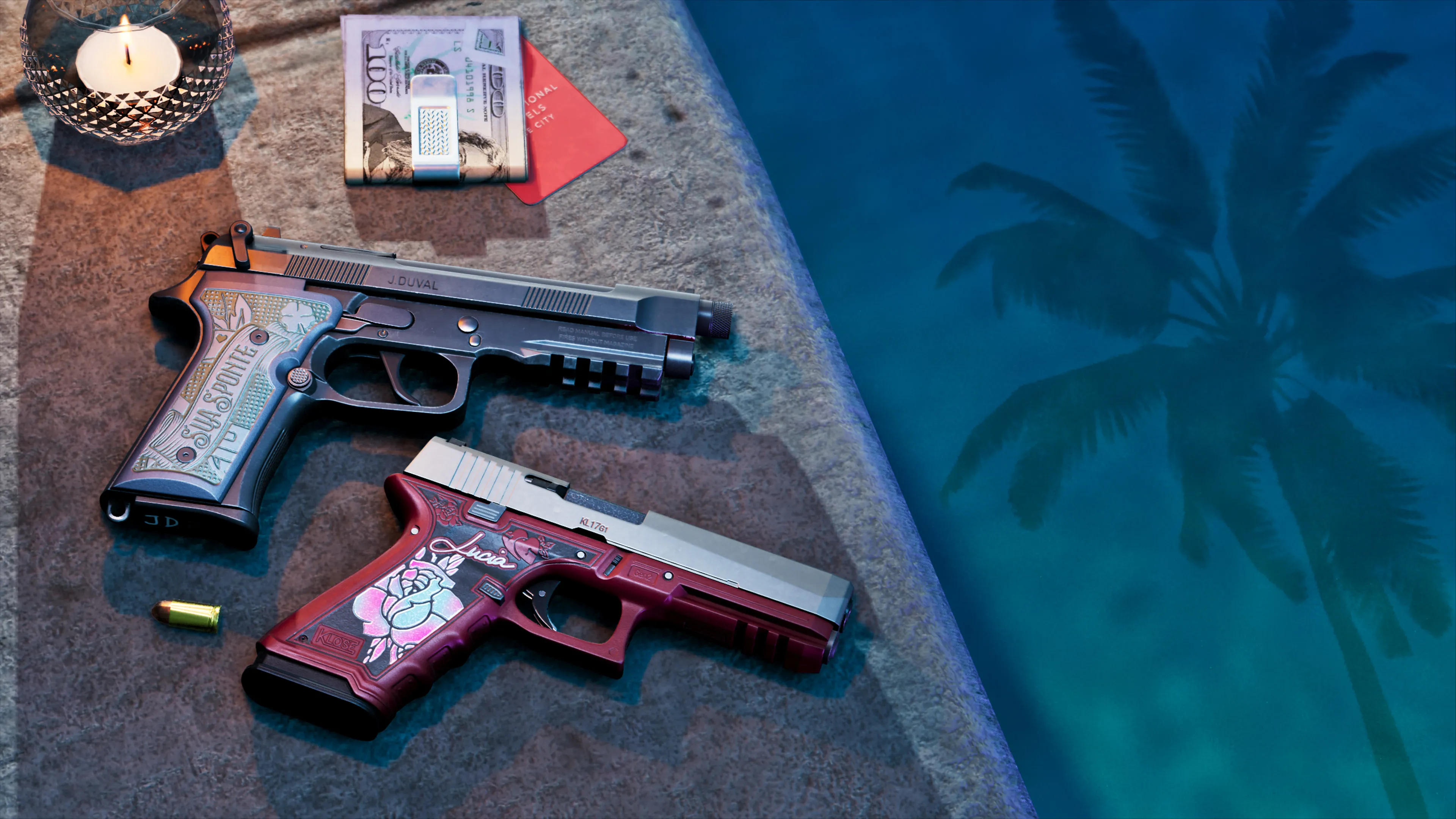GTA 6 two custom-engraved pistols, one silver and one rose-engraved, by a pool