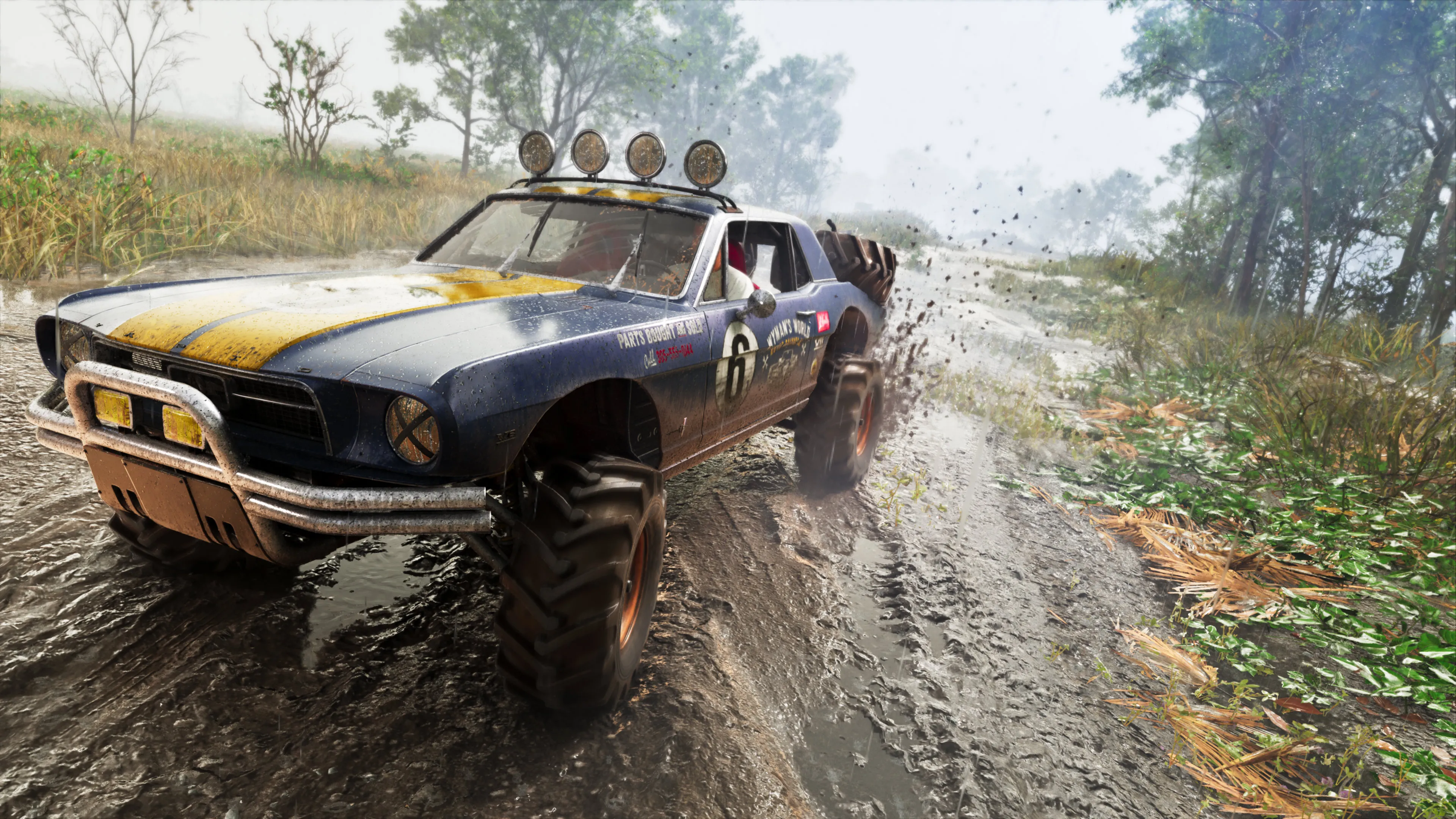 GTA 6 a blue and yellow number 6 Vapid off-road buggy spraying mud through a forest trail
