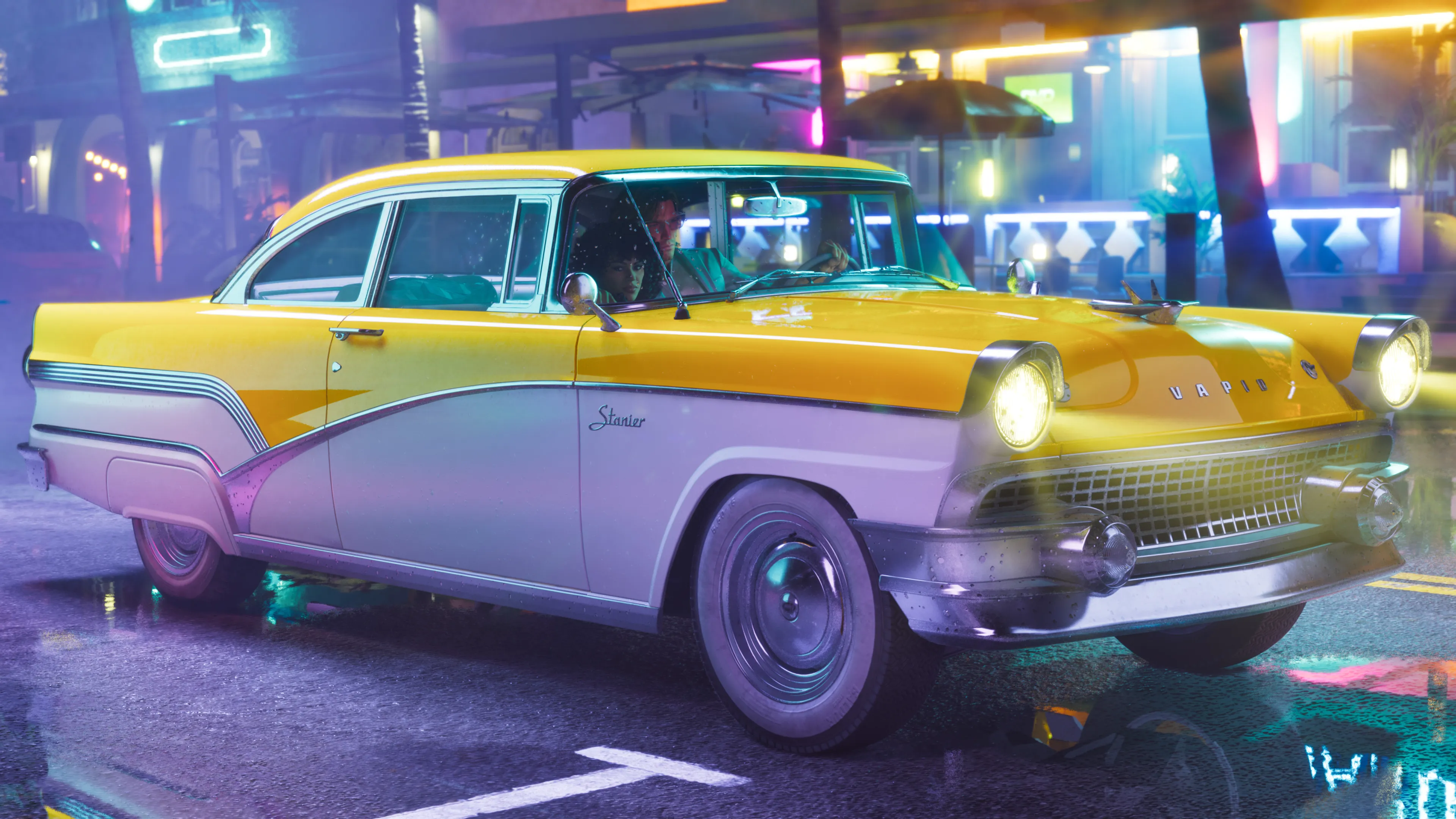 GTA 6 yellow and cream Vapid Stanier classic car cruising a neon Vice City street at night