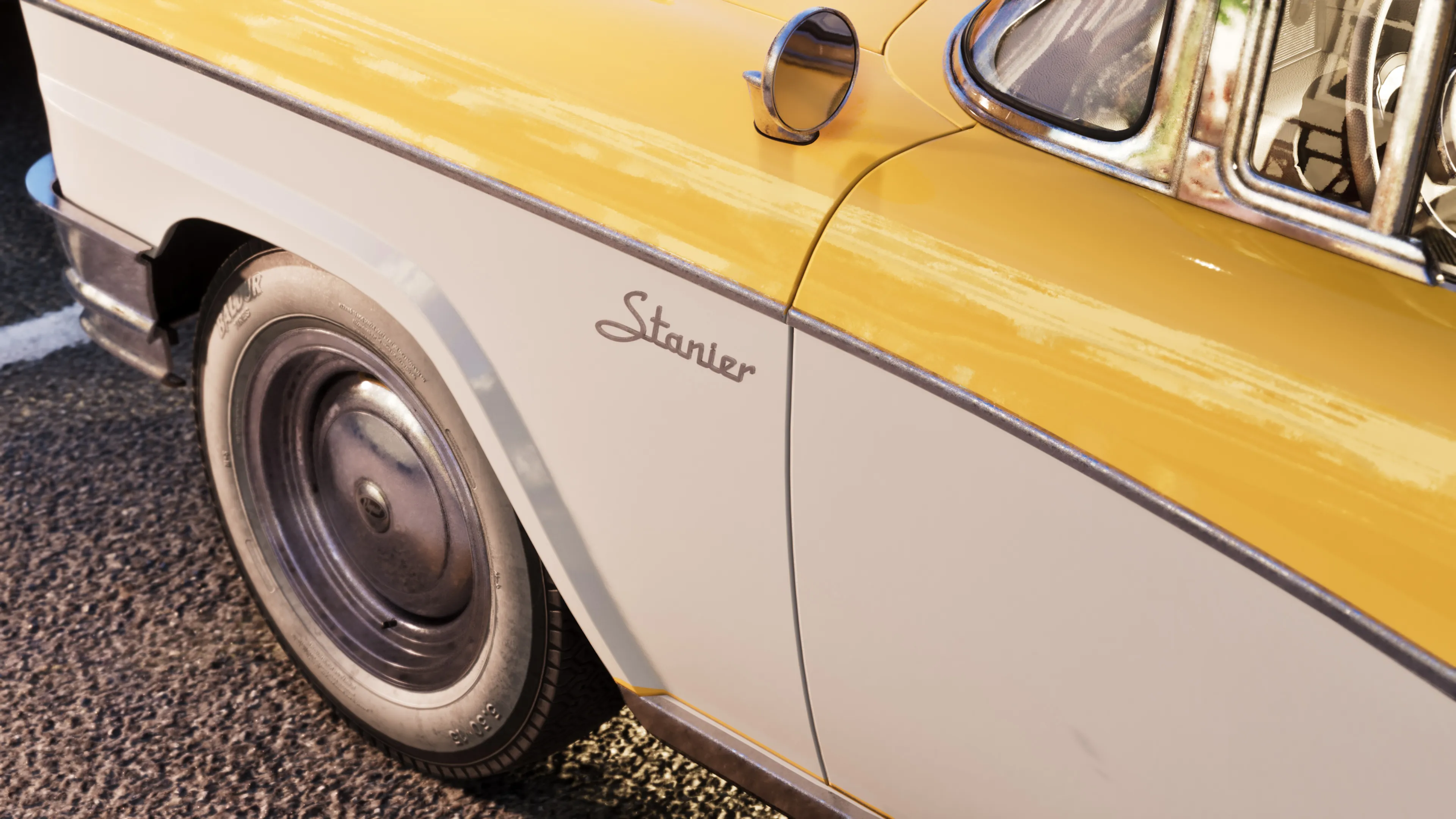 GTA 6 close-up of the chrome Stanier badge and whitewall tyre on the classic car