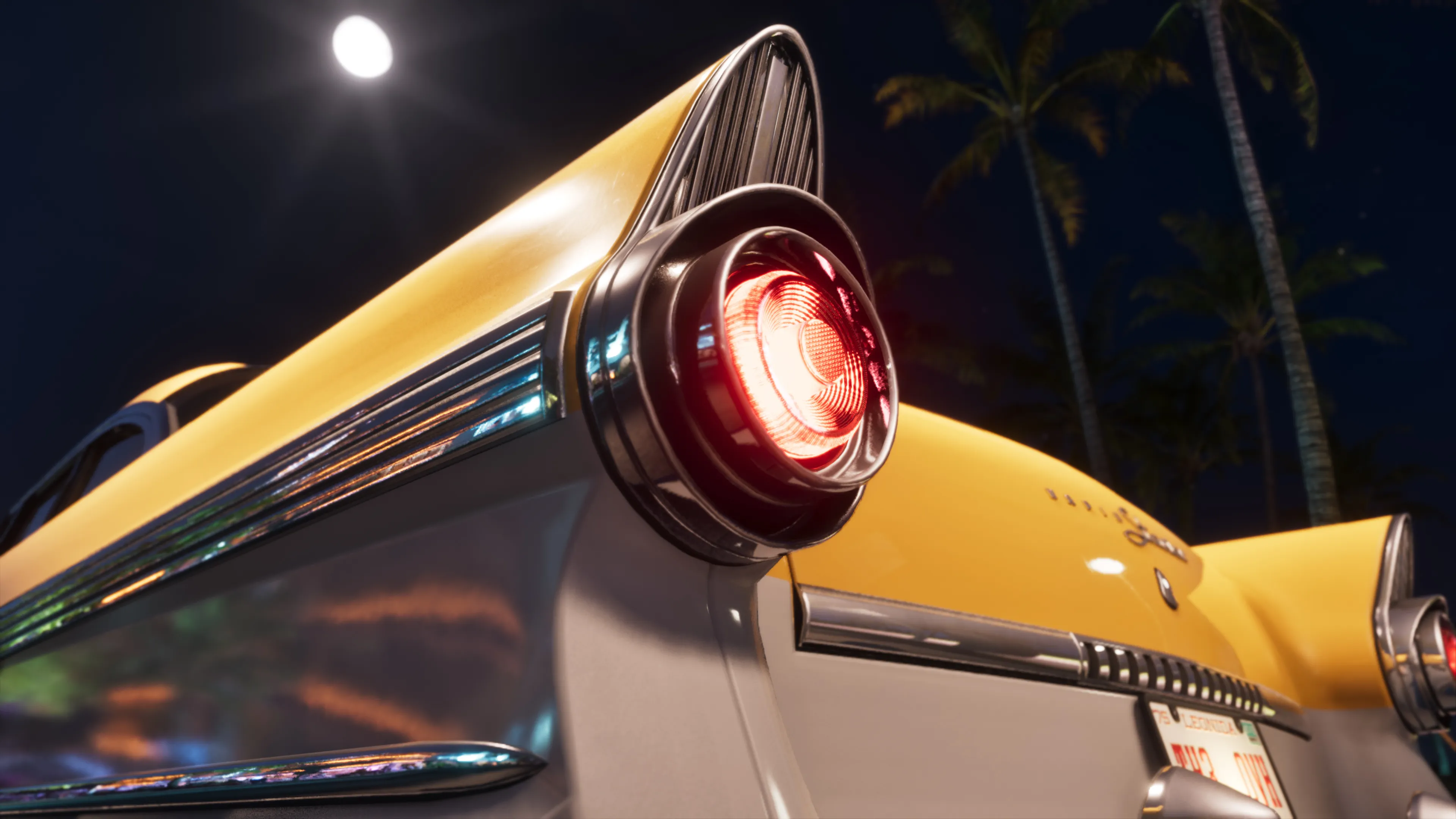 GTA 6 the Vapid Stanier's chrome tail fin and round red tail light under a full moon