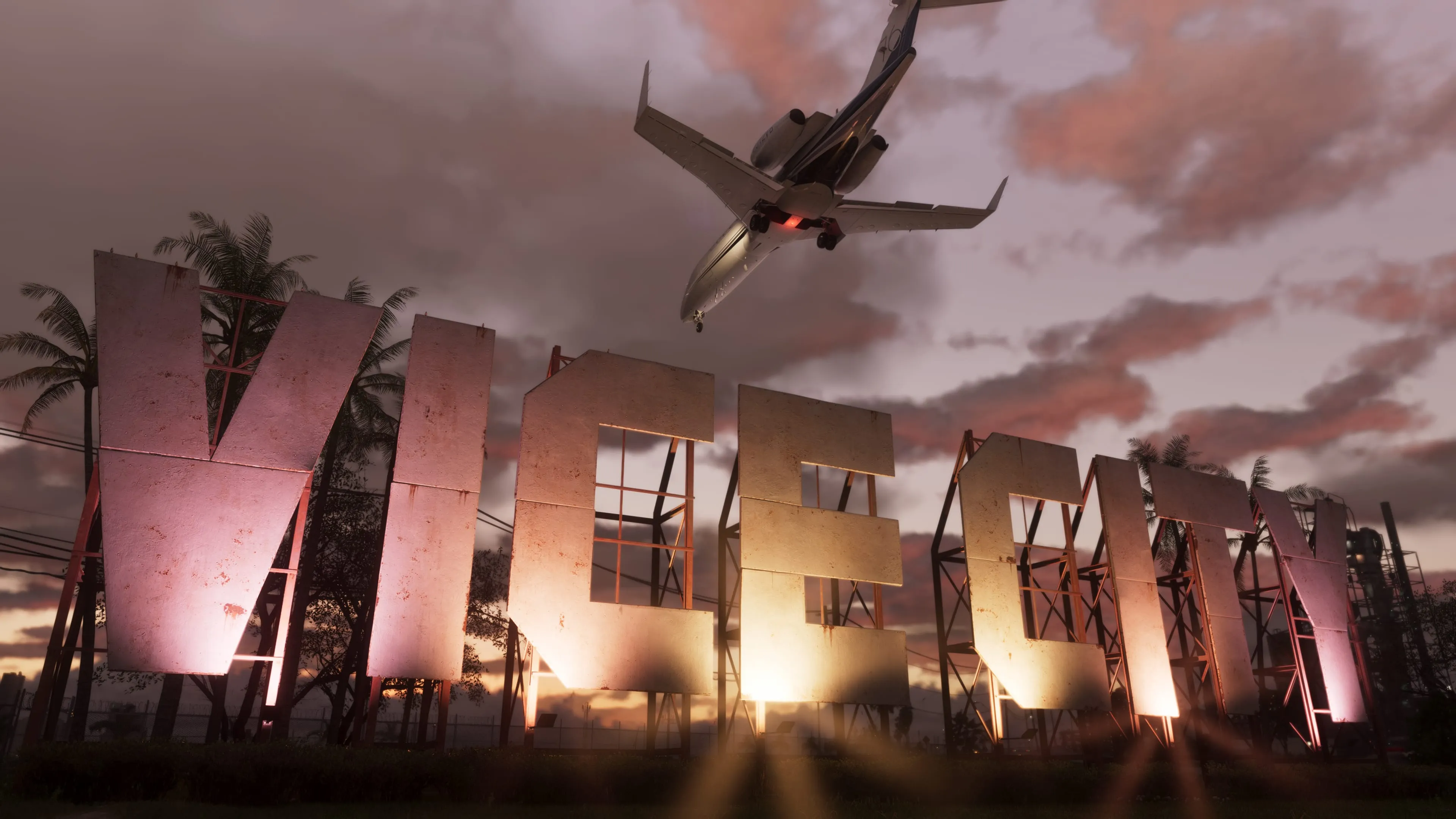 GTA 6 the towering Vice City sign at sunset as a jet passes overhead