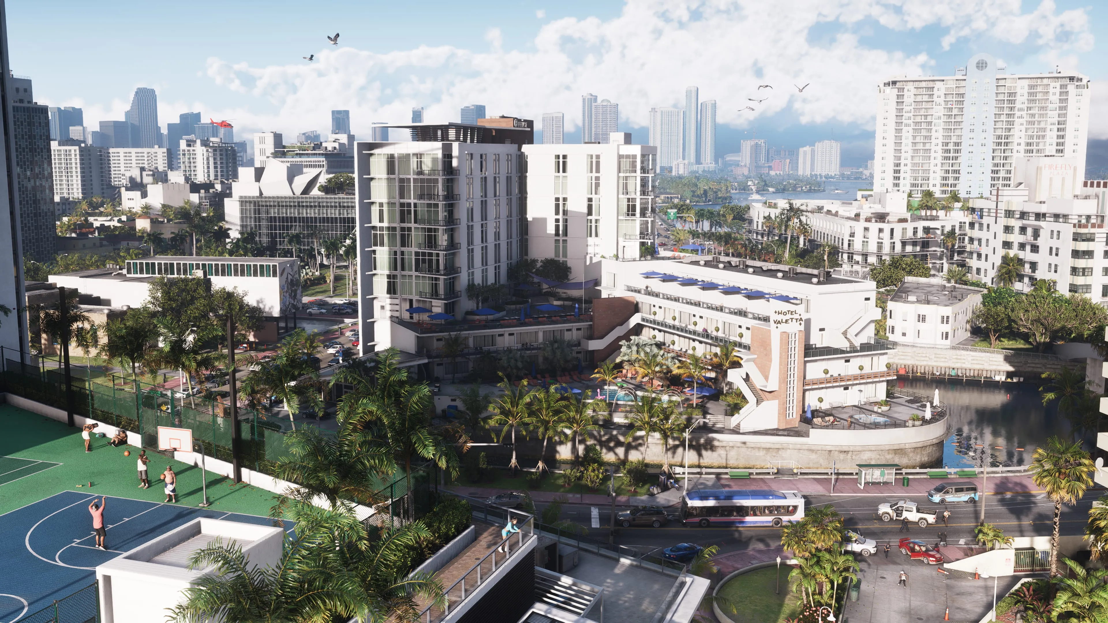 GTA 6 a daytime aerial of a Vice City neighbourhood