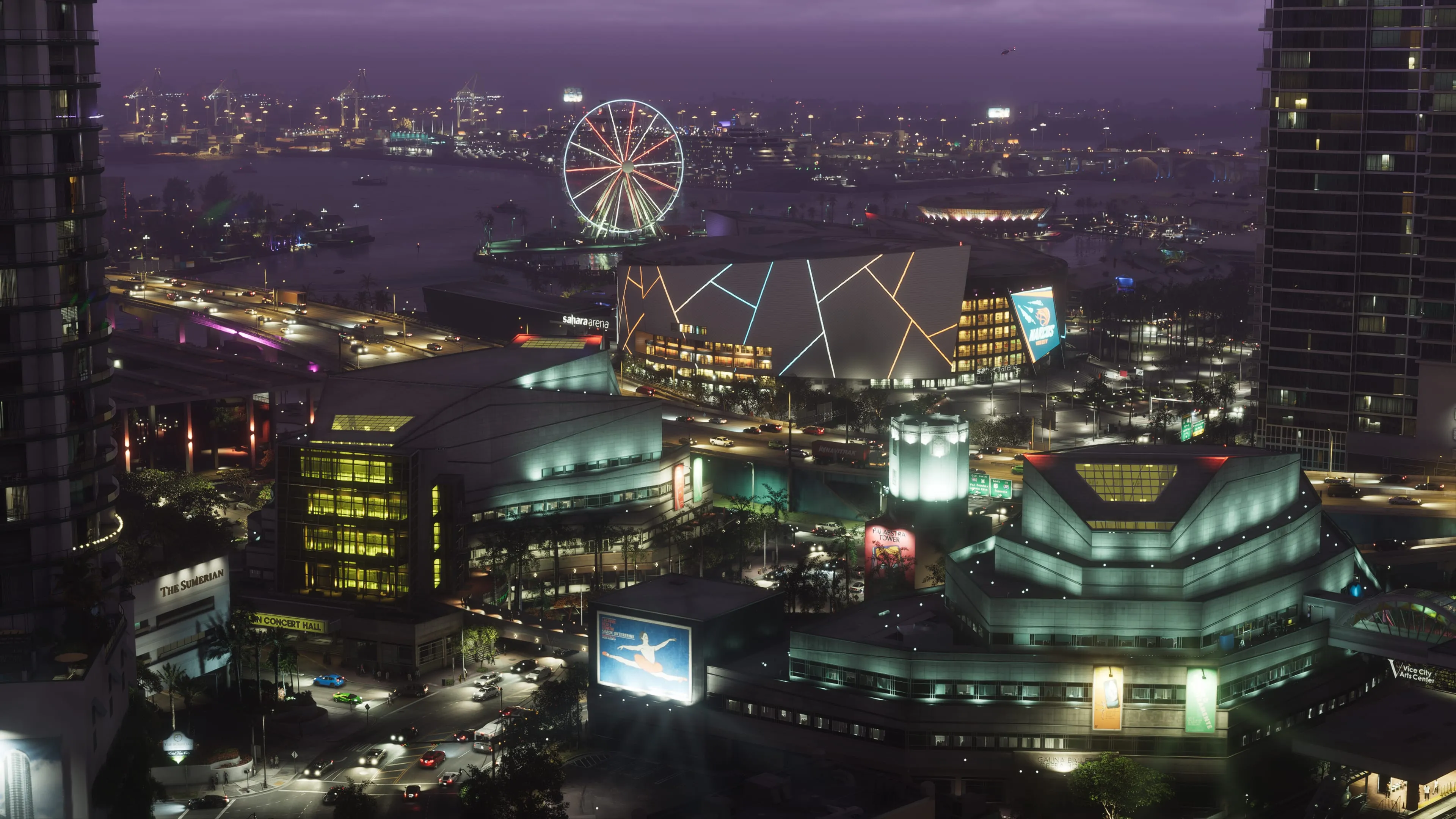 GTA 6 the night-time Vice City skyline with an arena and Ferris wheel