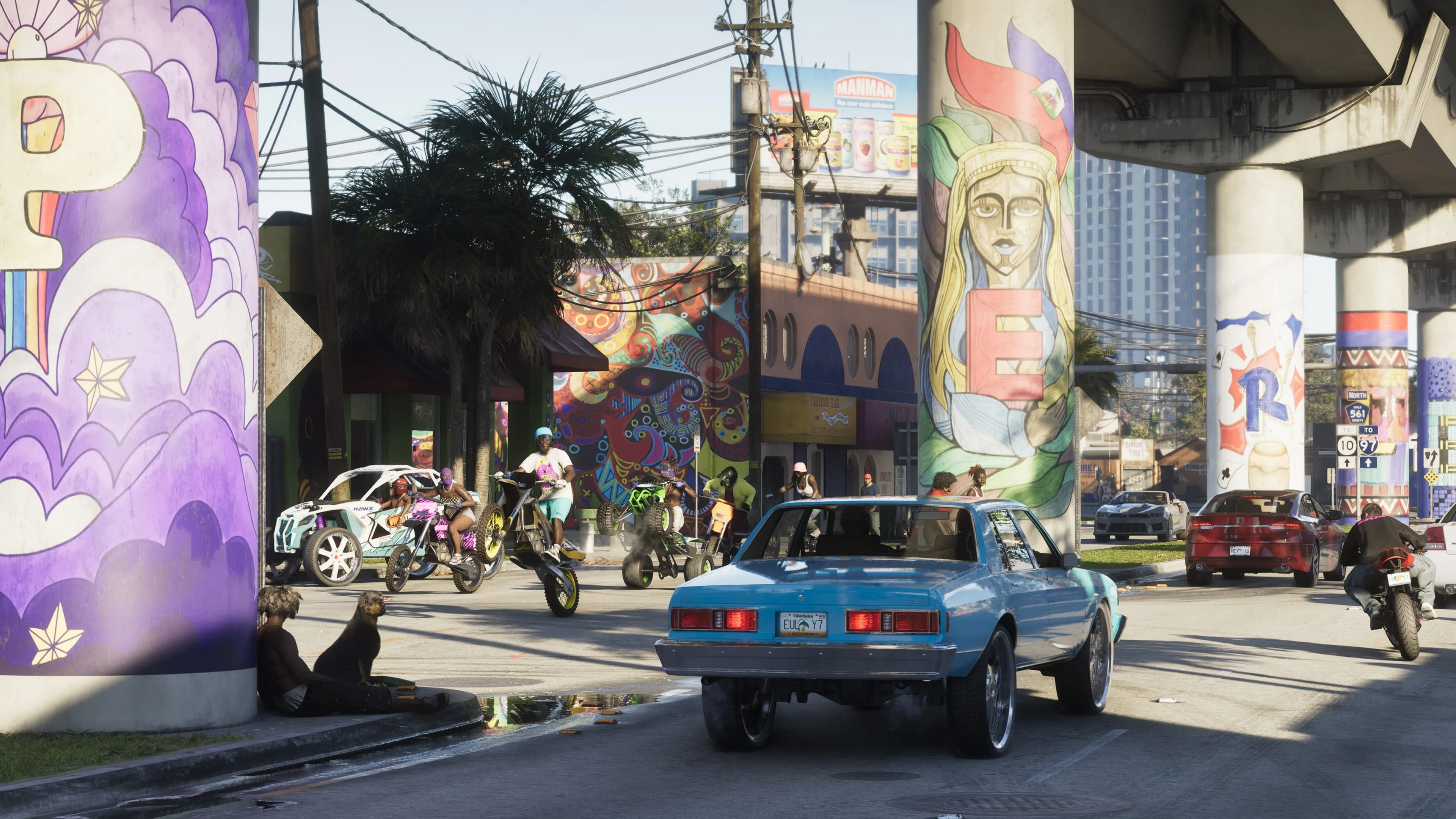 GTA 6 a Vice City street beneath a mural-covered overpass