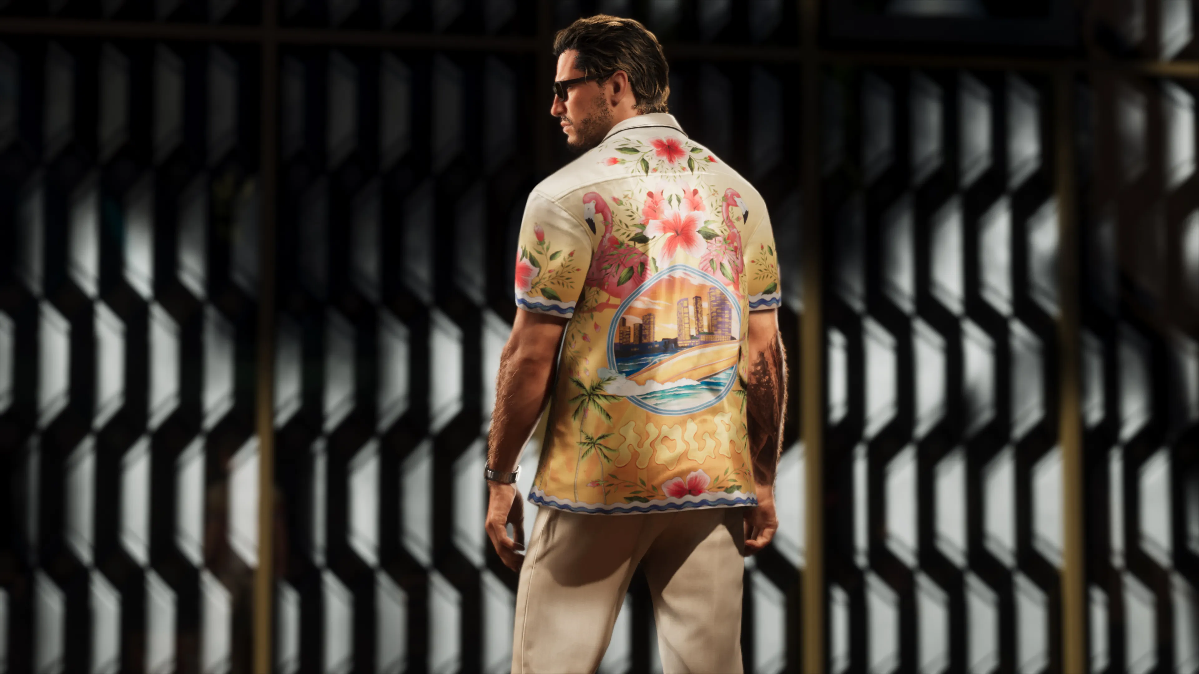 GTA 6 back view of Jason in an ornate scenic Vice City camp shirt
